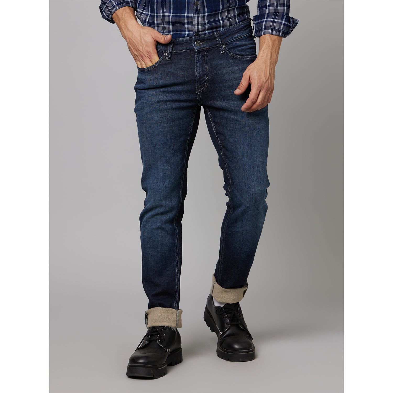 Navy Blue Mid-Rise Jean Relaxed Fit Clean Look Light Fade Jeans (DOGENKNIT)