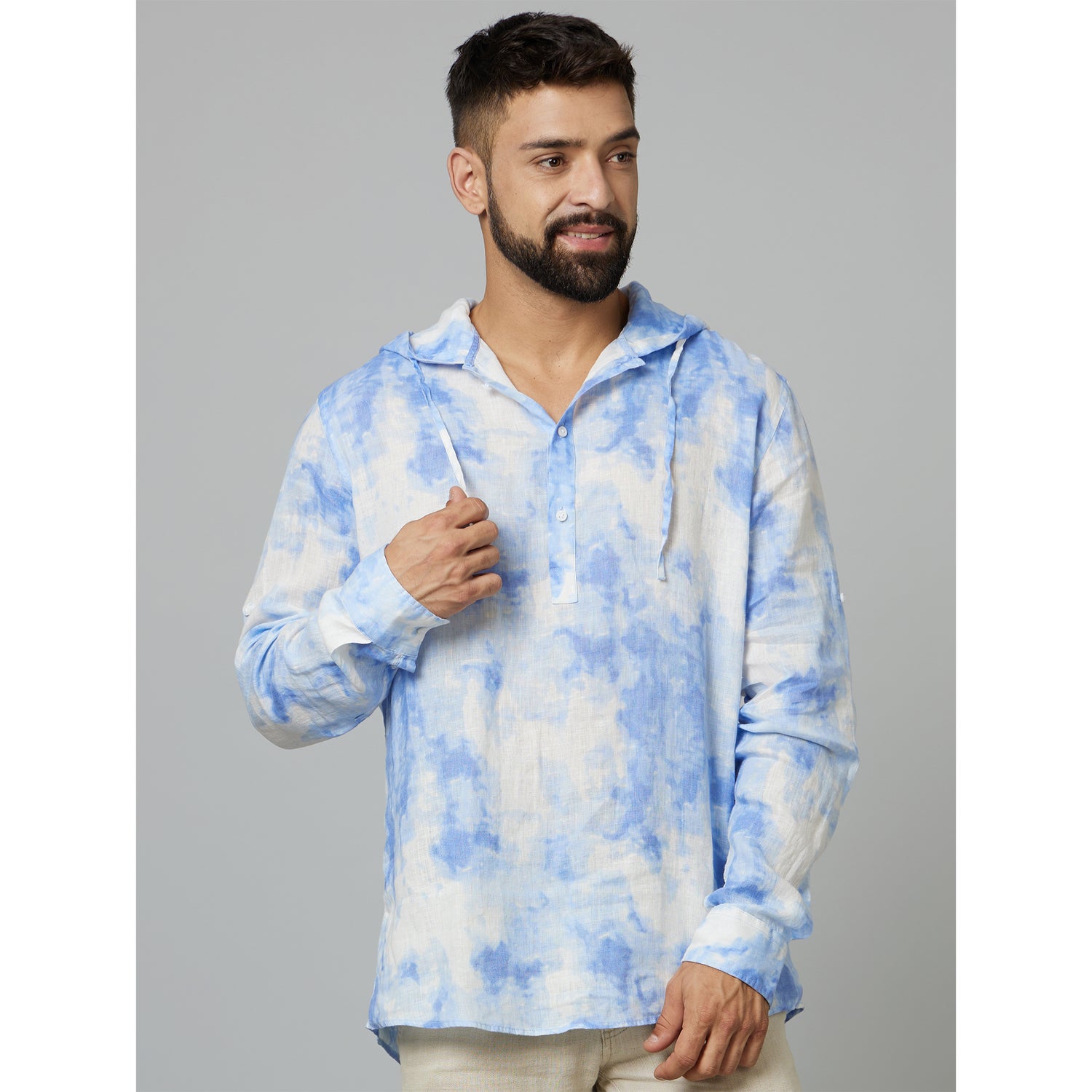 Blue Classic Tie and Dye Dyed Hooded Half Placket Casual Linen Shirt (DALINPRISH)