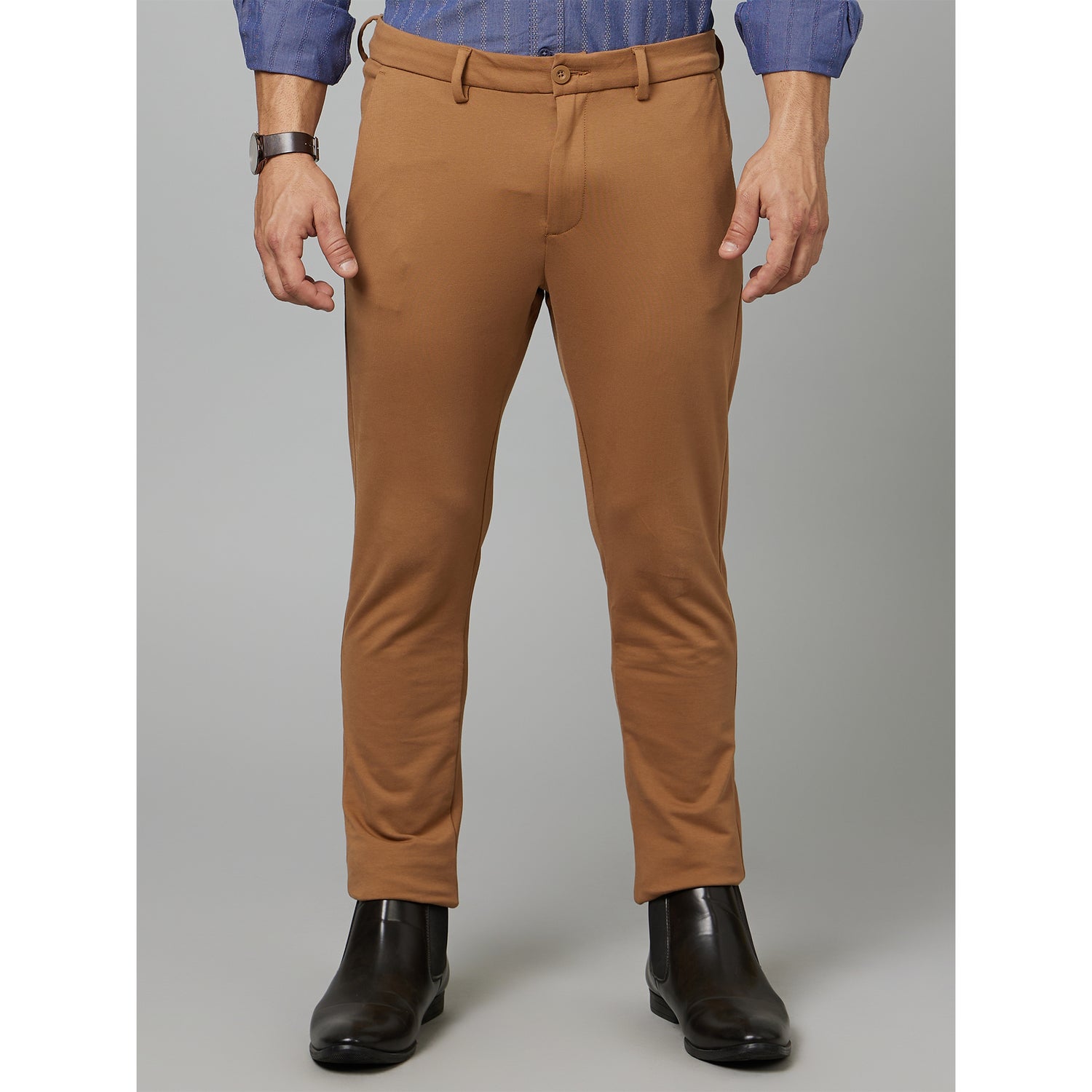 Beige Mid Rise Plain Cotton Slim Fit Chinos Trousers (COKNITNEW)