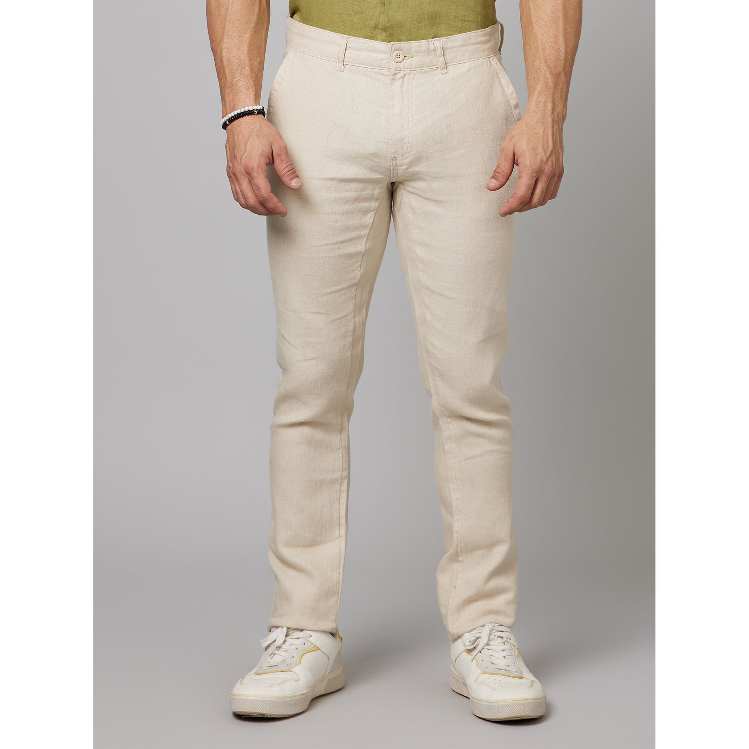 Cream Colored Linen Mid-Rise Slim Fit Trousers (DOLINENIN)