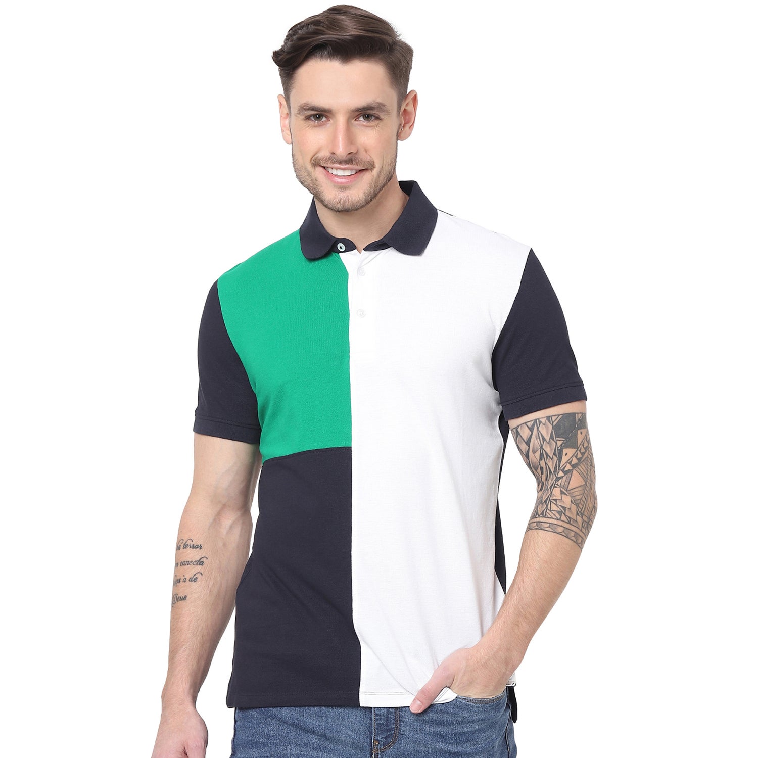 Navy Blue and White Colourblocked Polo Collar T-shirt (ATEFANEIN)
