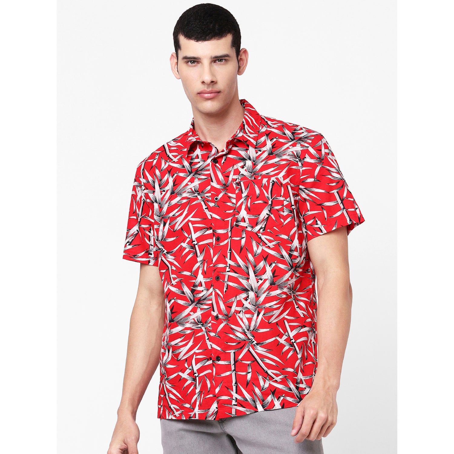 Red and White Regular Fit Tropical Printed Casual Shirt (BACAMBI)