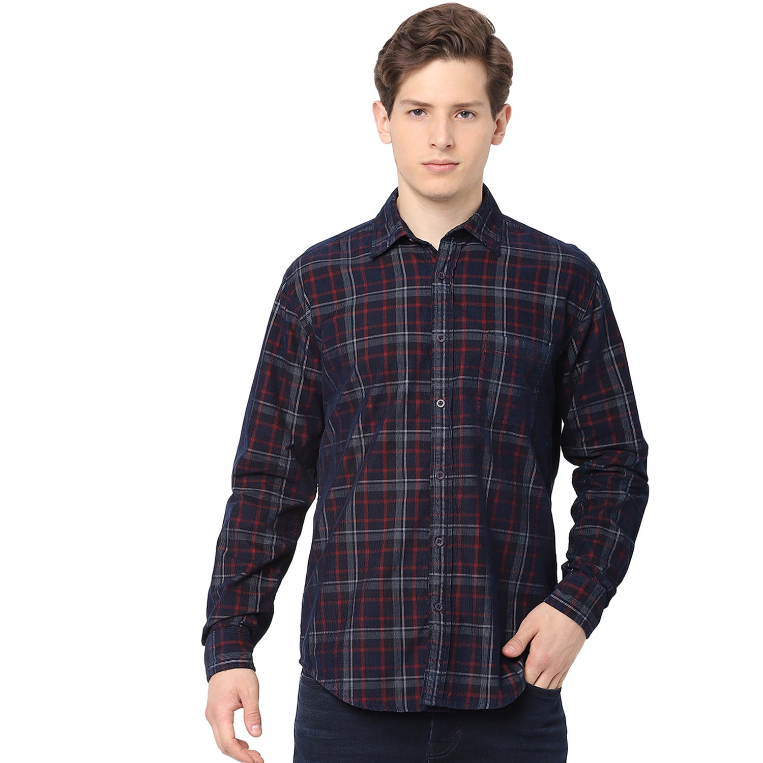 Navy Blue Slim Fit Checked Casual Cotton Shirt (BACORD2)