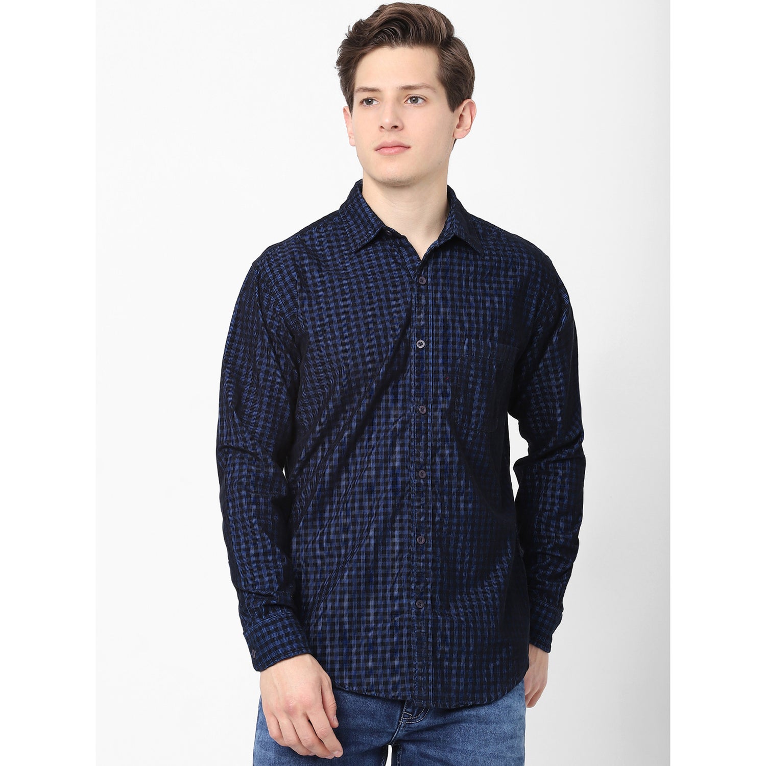 Blue and Black Slim Fit Checked Cotton Casual Shirt (BACORD3)
