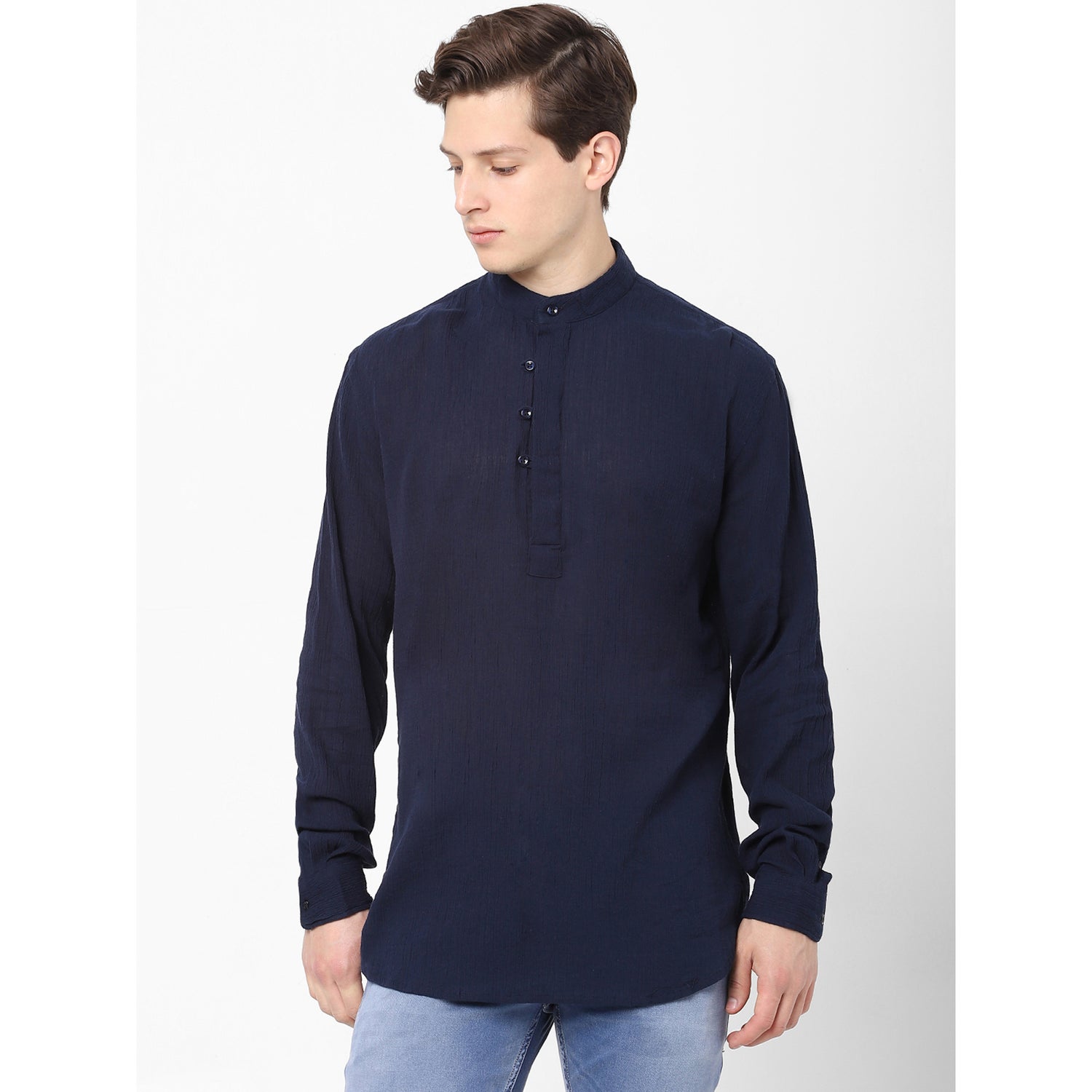 Navy Blue Solid Slim Fit Casual Cotton Shirt (BACREPE)