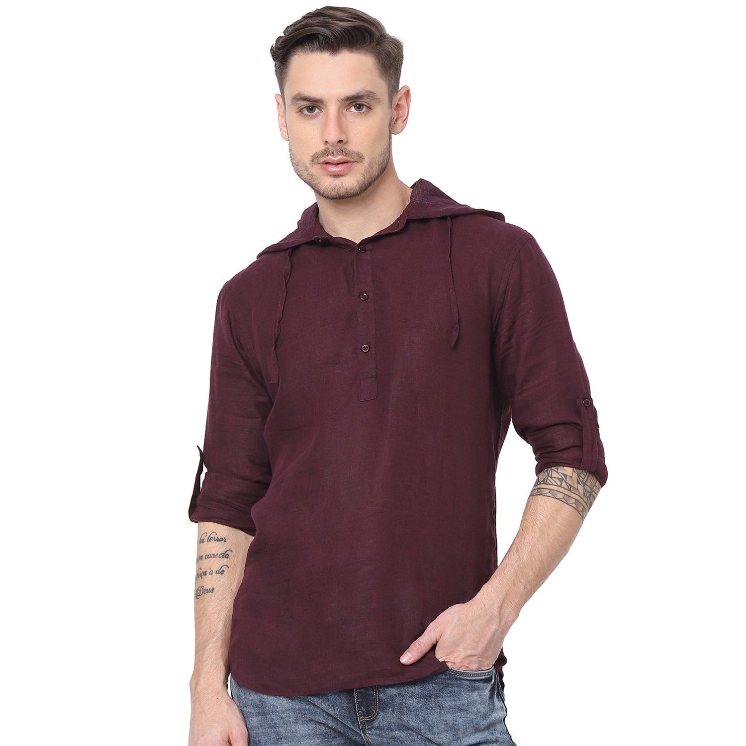 Burgundy Solid Regular Fit Cotton Hooded Casual Shirt (BAHOOD)