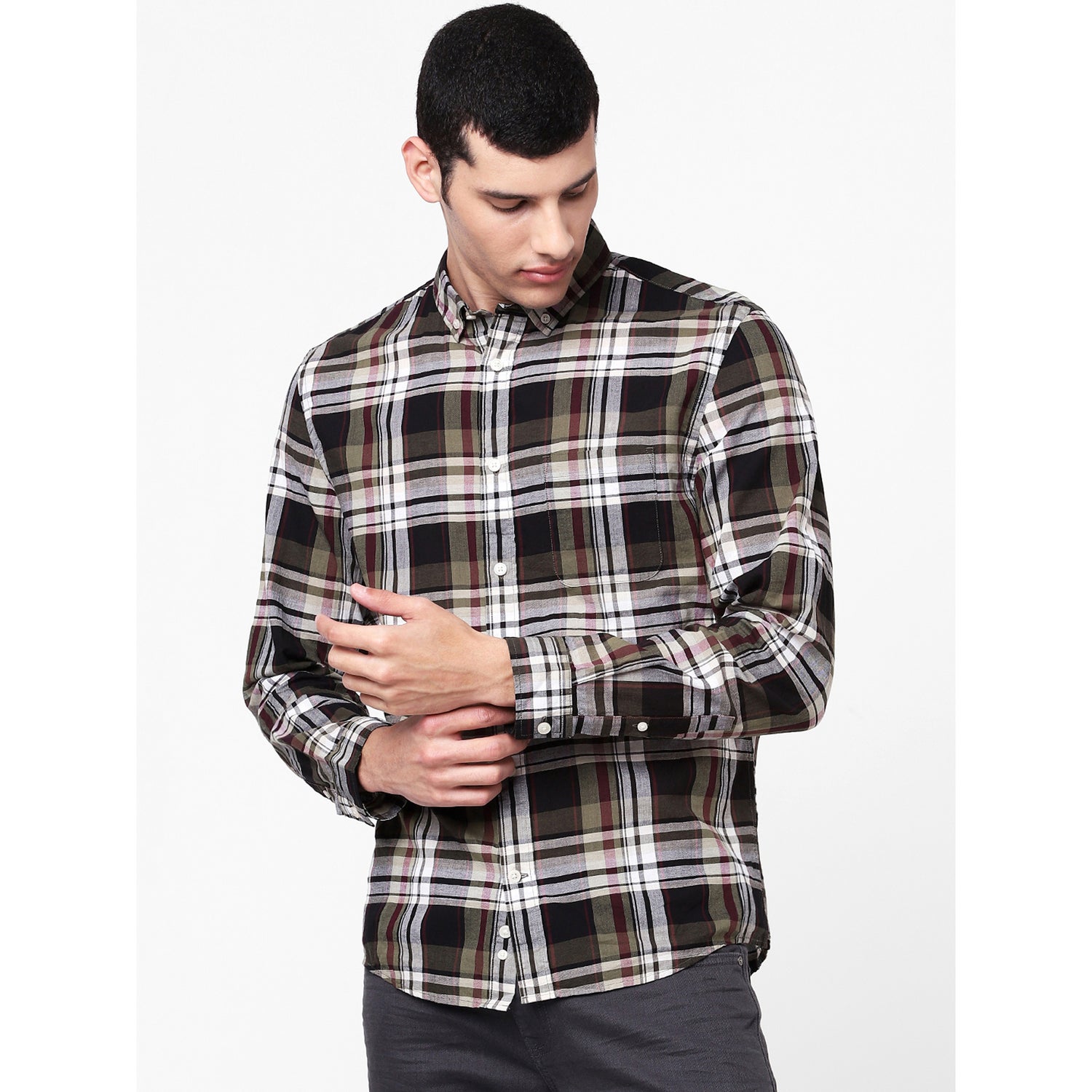 Khaki Long Sleeves Regular Fit Checked Casual Shirt (BAPOP)