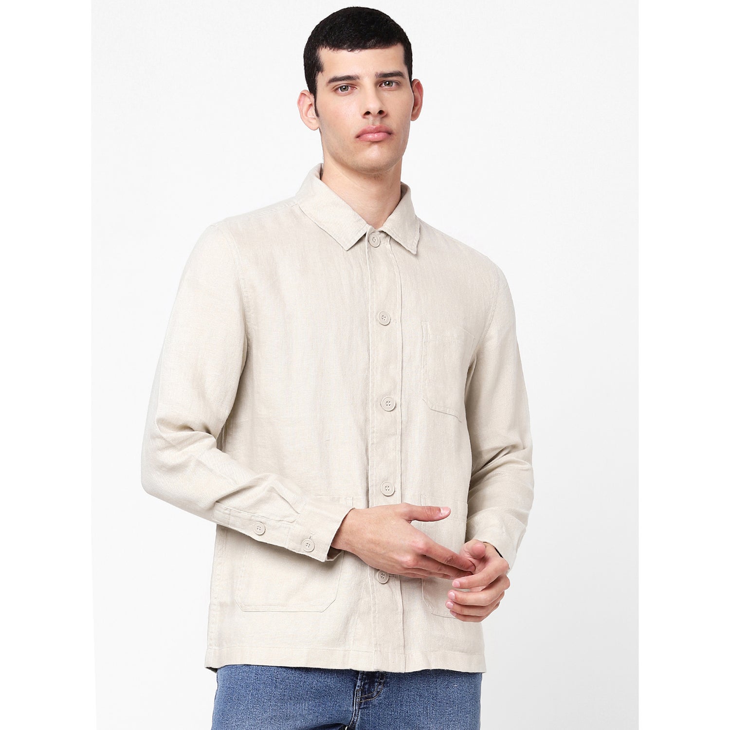 Beige Solid Long Sleeves Regular Fit Linen Casual Shirt (BASTON)