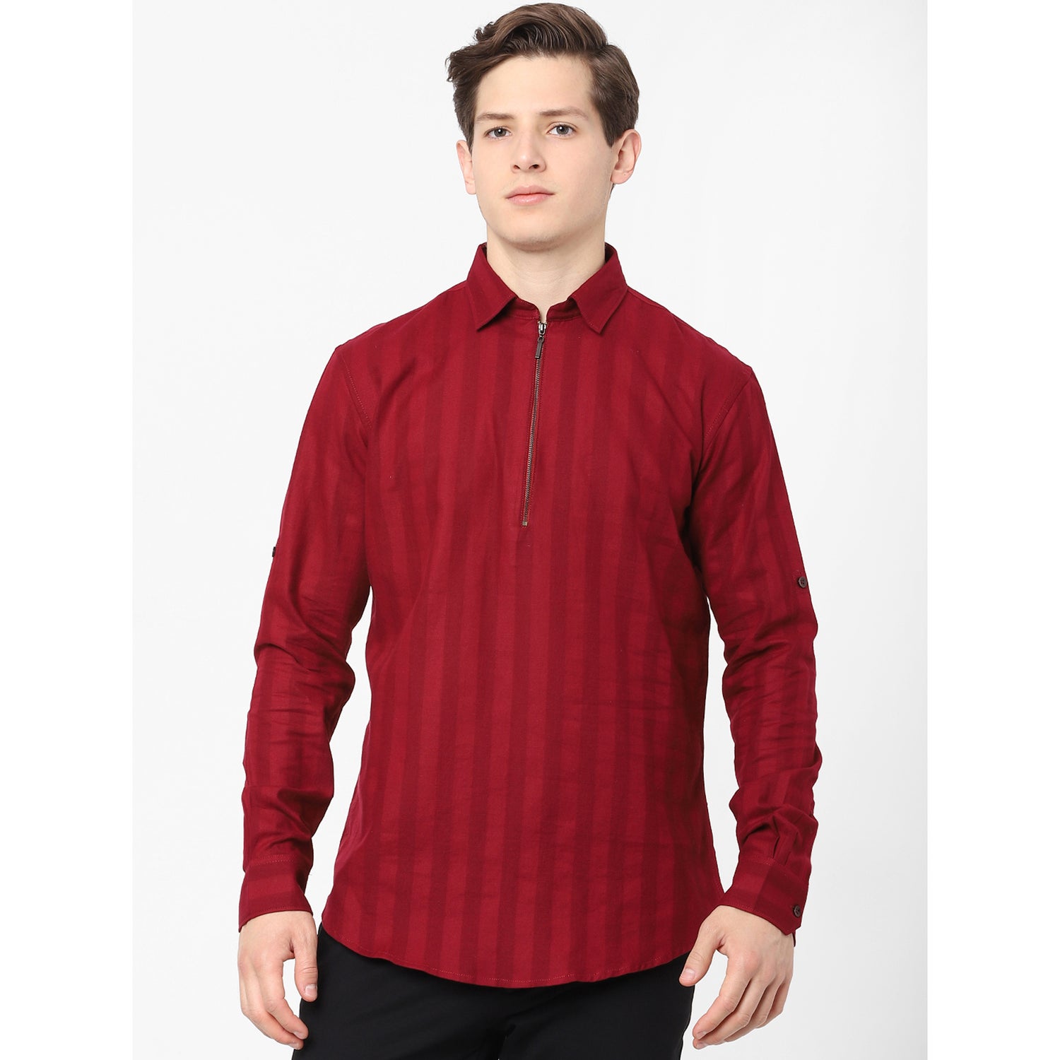 Maroon Striped Full Sleeves Cotton Casual Shirt (BAZIP)