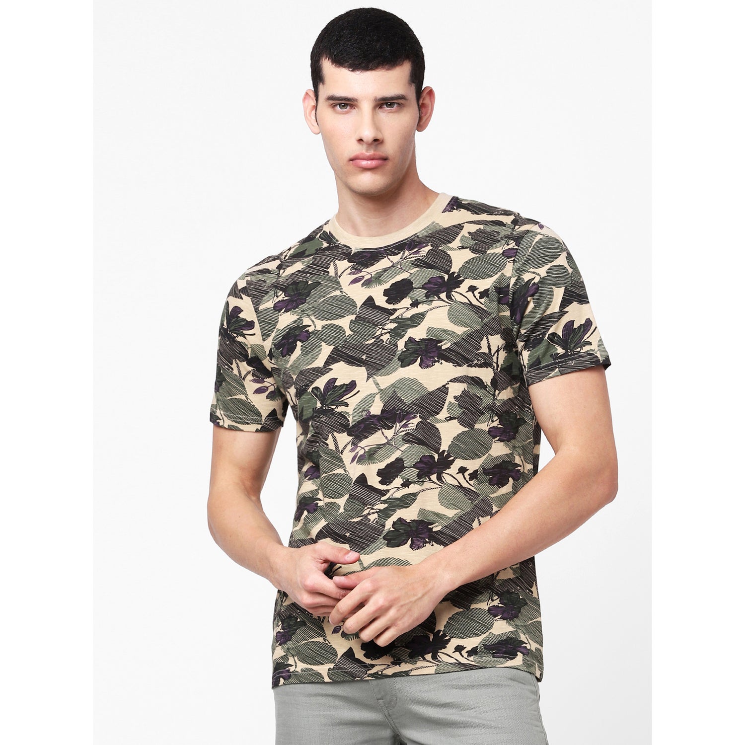 Off White and Green Camouflage Printed T-shirt (BELEAF)