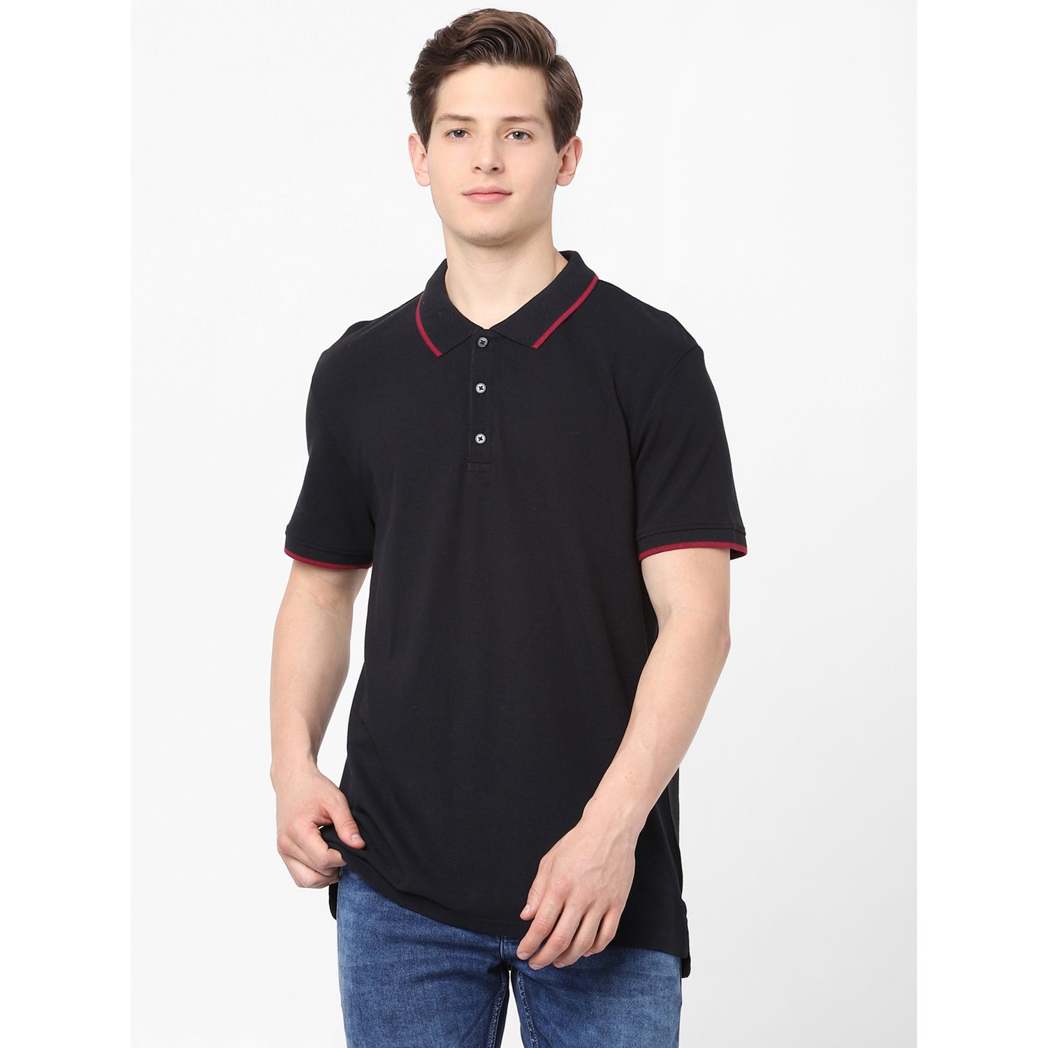 Black Polo Collar Cotton Blend T-shirt (BEMODAL)