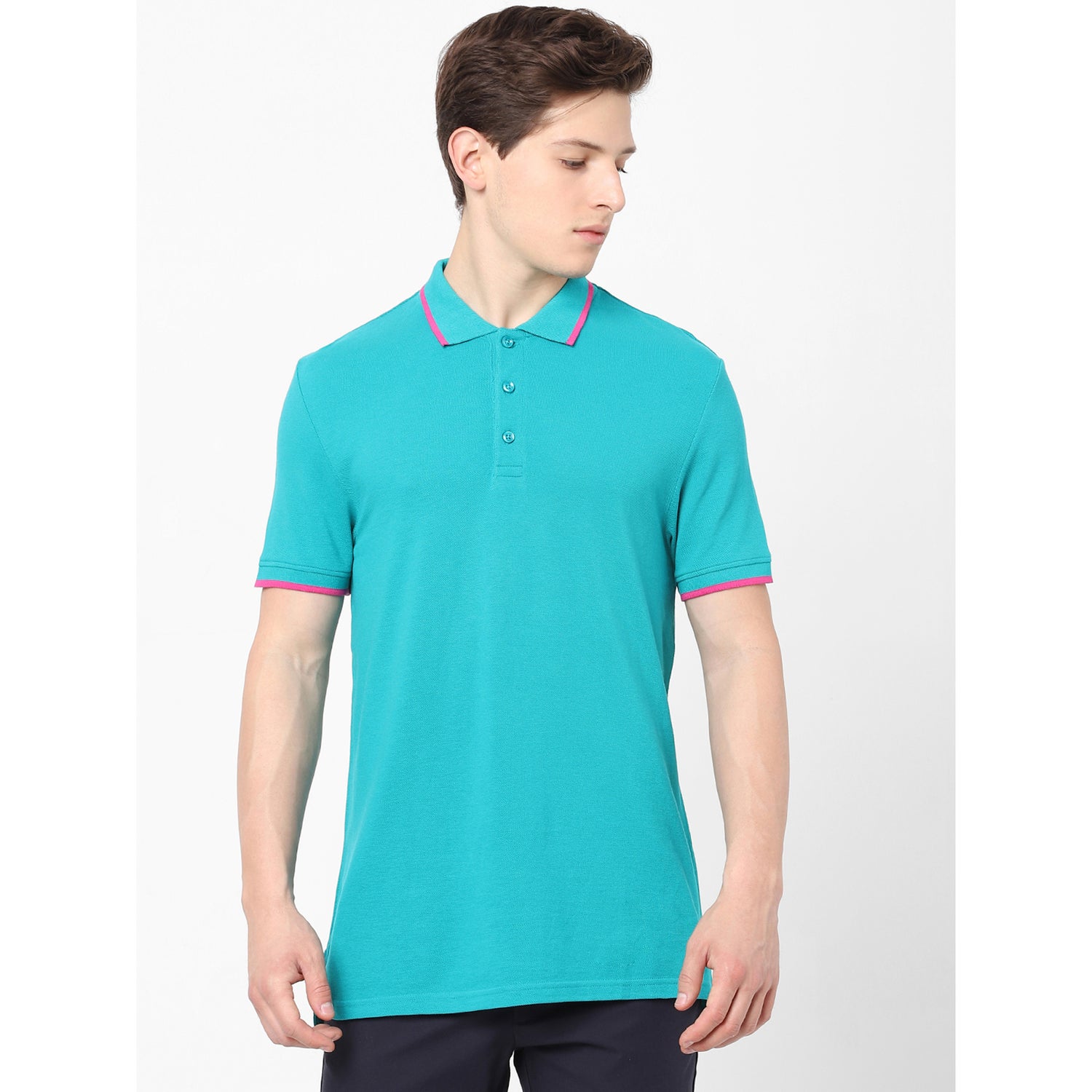 Blue Polo Collar Cotton Blend T-shirt (BEMODAL)