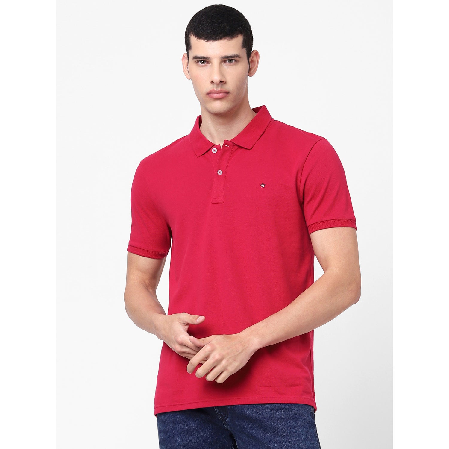 Red Solid Polo Collar Cotton T-shirt (BEONEIN)
