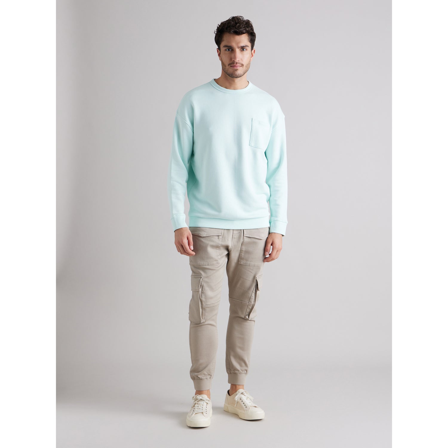 Light Blue Solid Round Neck Cotton Sweatshirt (BESWEATBOX)