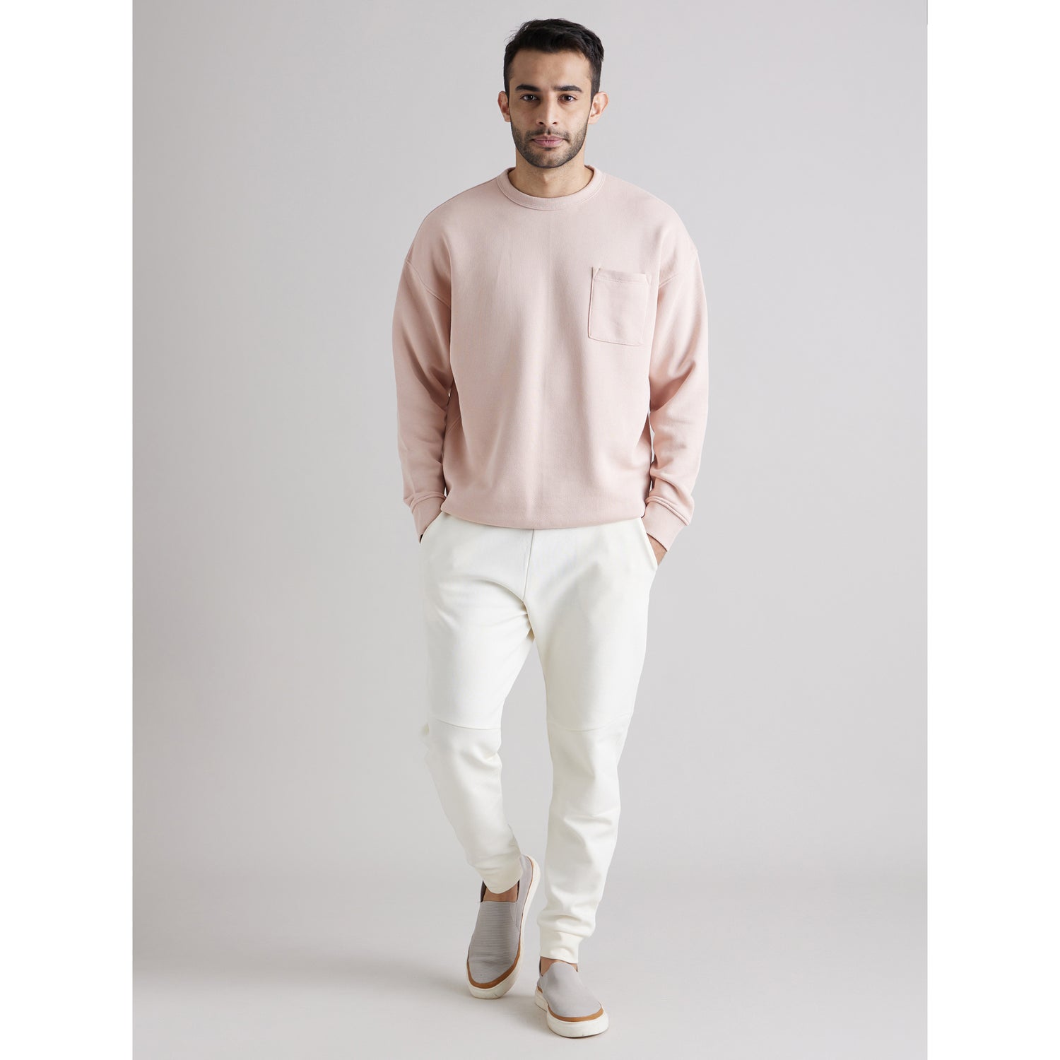 Pink Solid Round Neck Cotton Sweatshirt (BESWEATBOX)