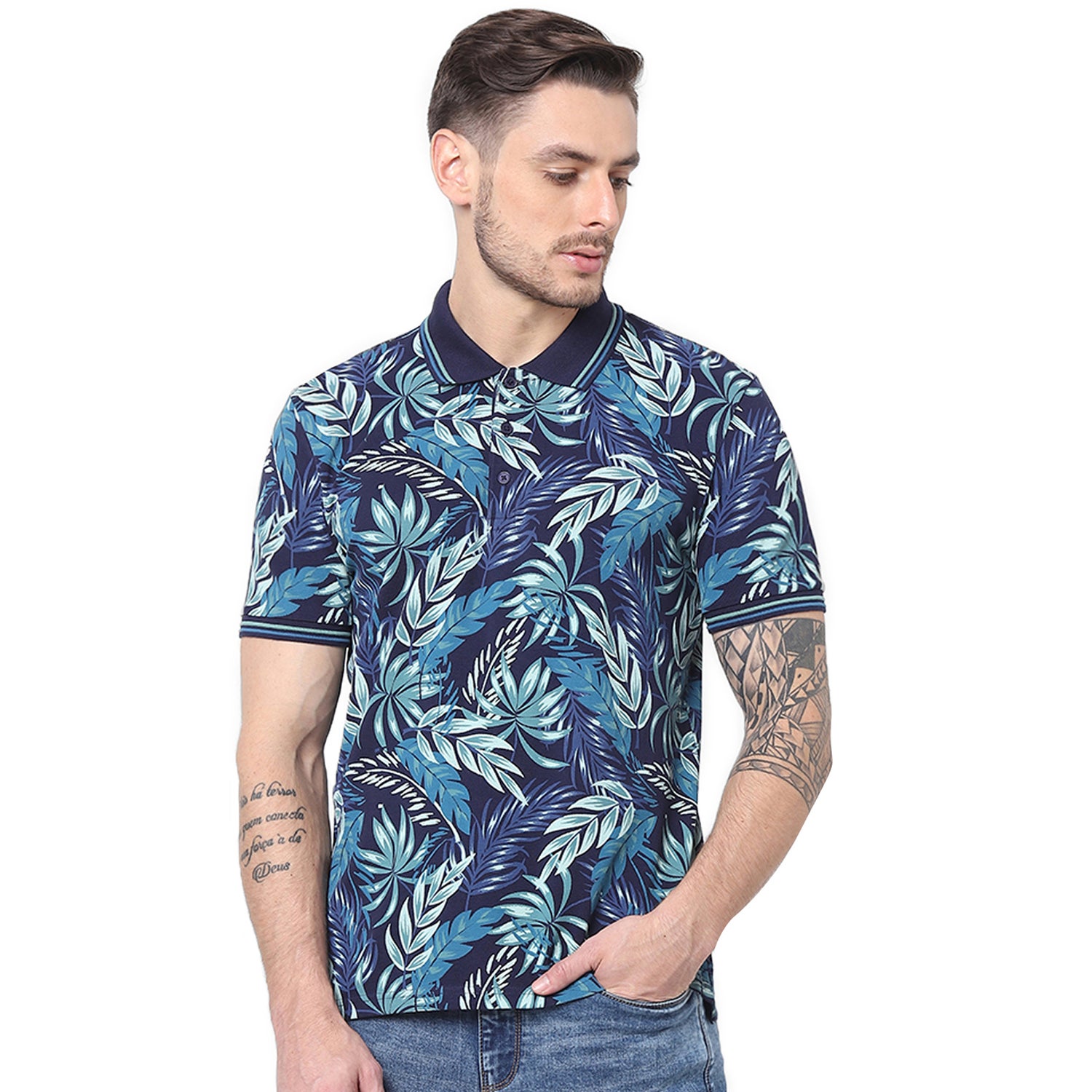 Navy Blue Floral Printed Polo Collar Tropical T-shirt (BEXOTIC)