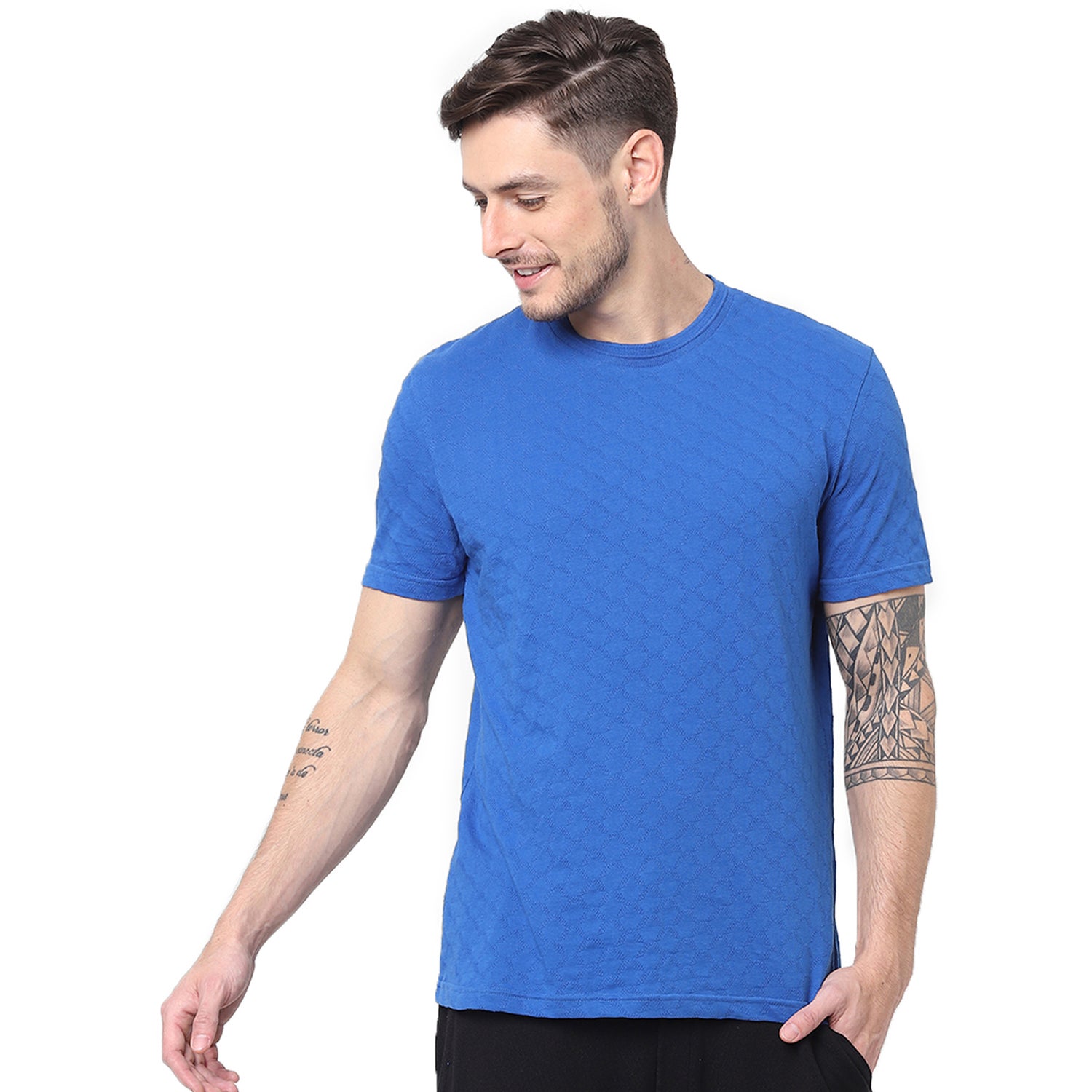 Blue Solid Round Neck Cotton T-shirt (BEZACK)
