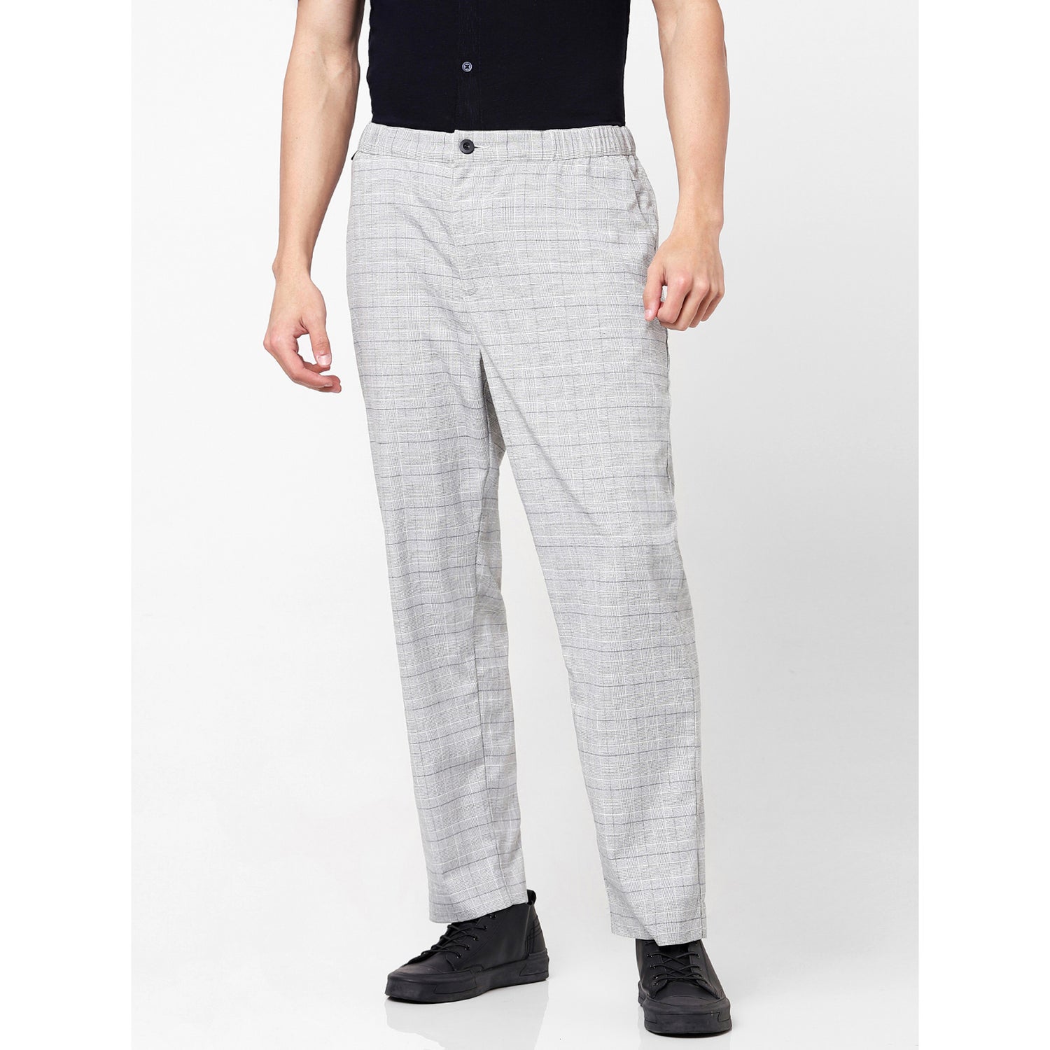Grey Solid Checked Slim Fit Polyester Trousers (BOBRIDGE)