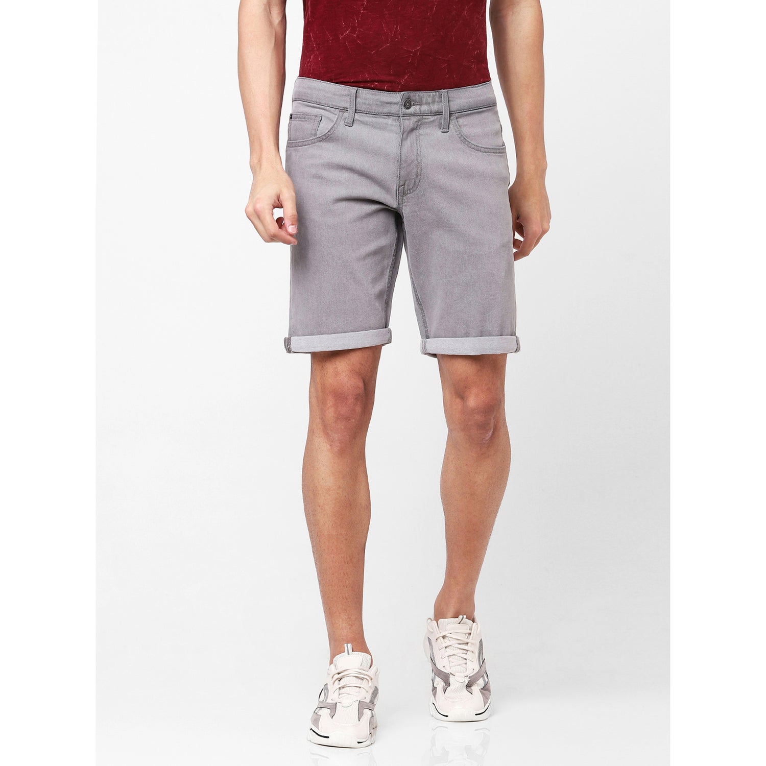 Grey Solid Slim Fit Denim Shorts (BOFIRSTBM)