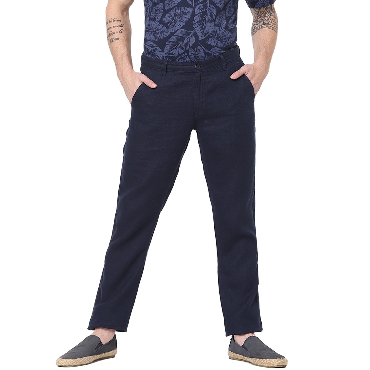 Blue Solid Straight Fit Linen Trousers (BOFLEX)