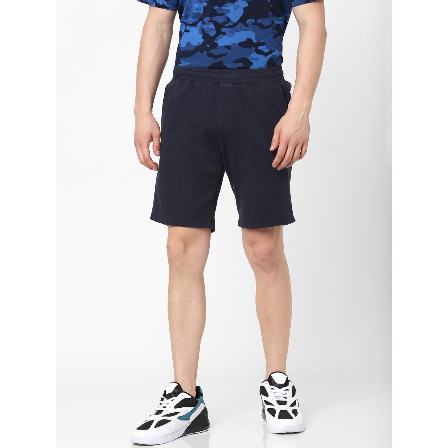 Navy Blue Slim Fit Cotton Sports Shorts (BOUNI)