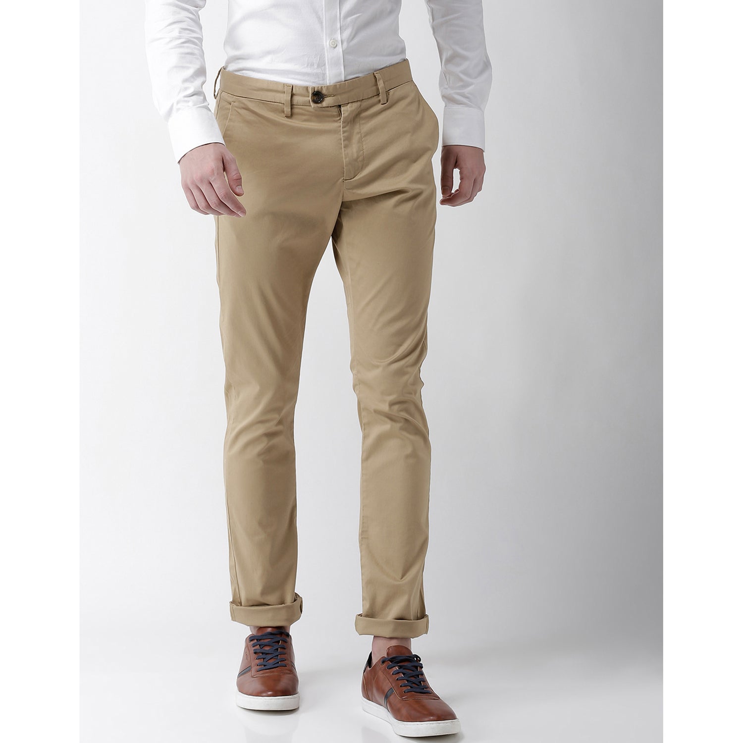 Beige Slim Fit Solid Regular Trousers (GOLAKE)