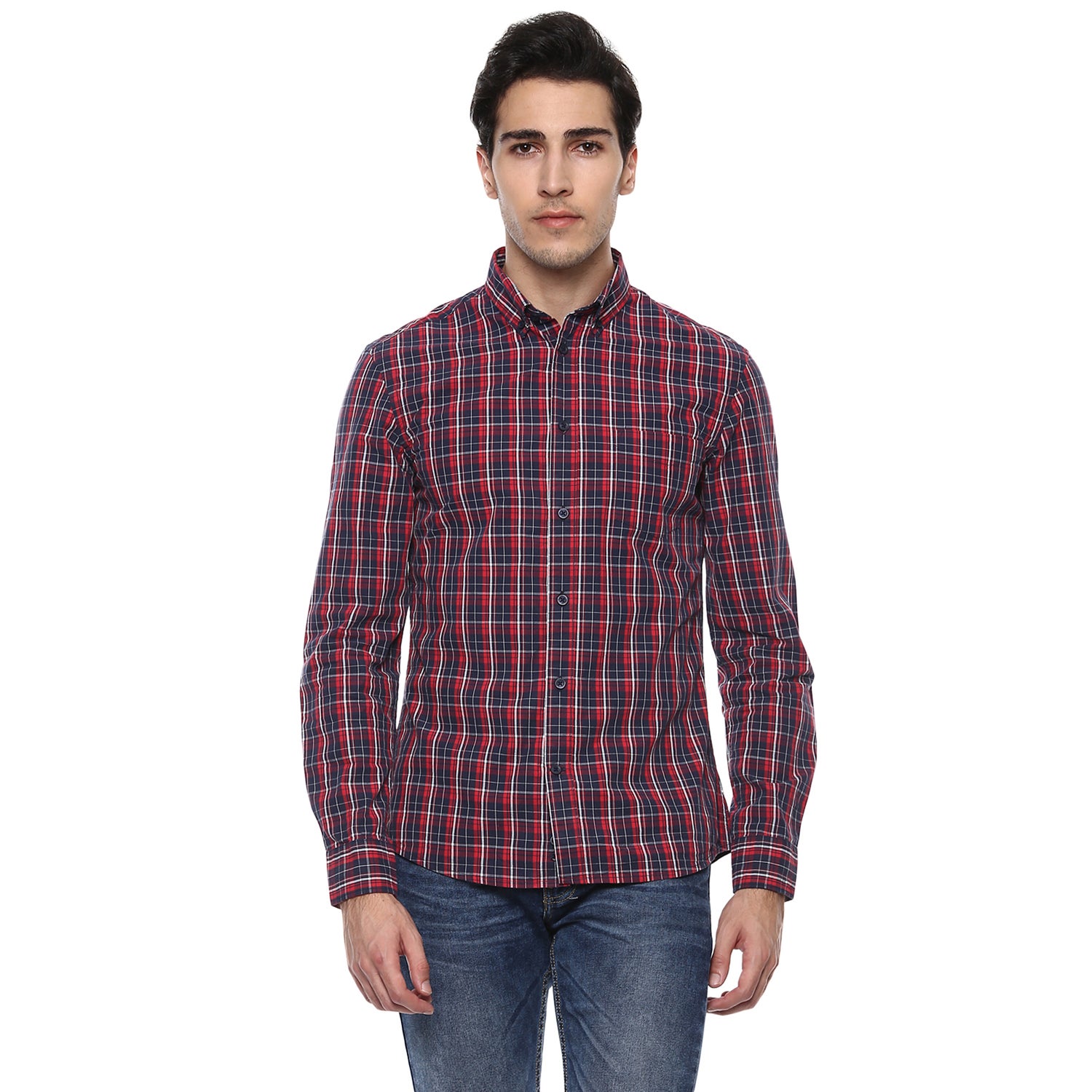Red and Navy Blue Slim Fit Checked Casual Shirt (JAPREPPY)
