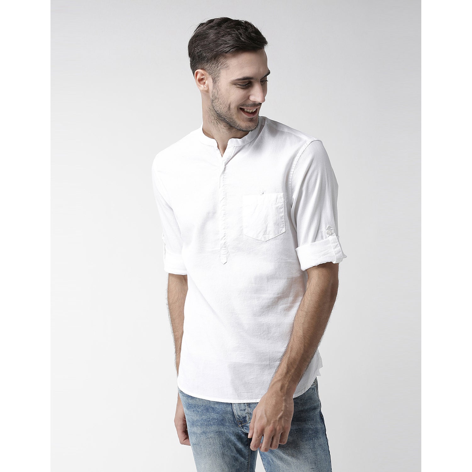 White Solid Cotton Straight Long Sleeves Slim Fit Casual Shirt (JAWAFFLE)