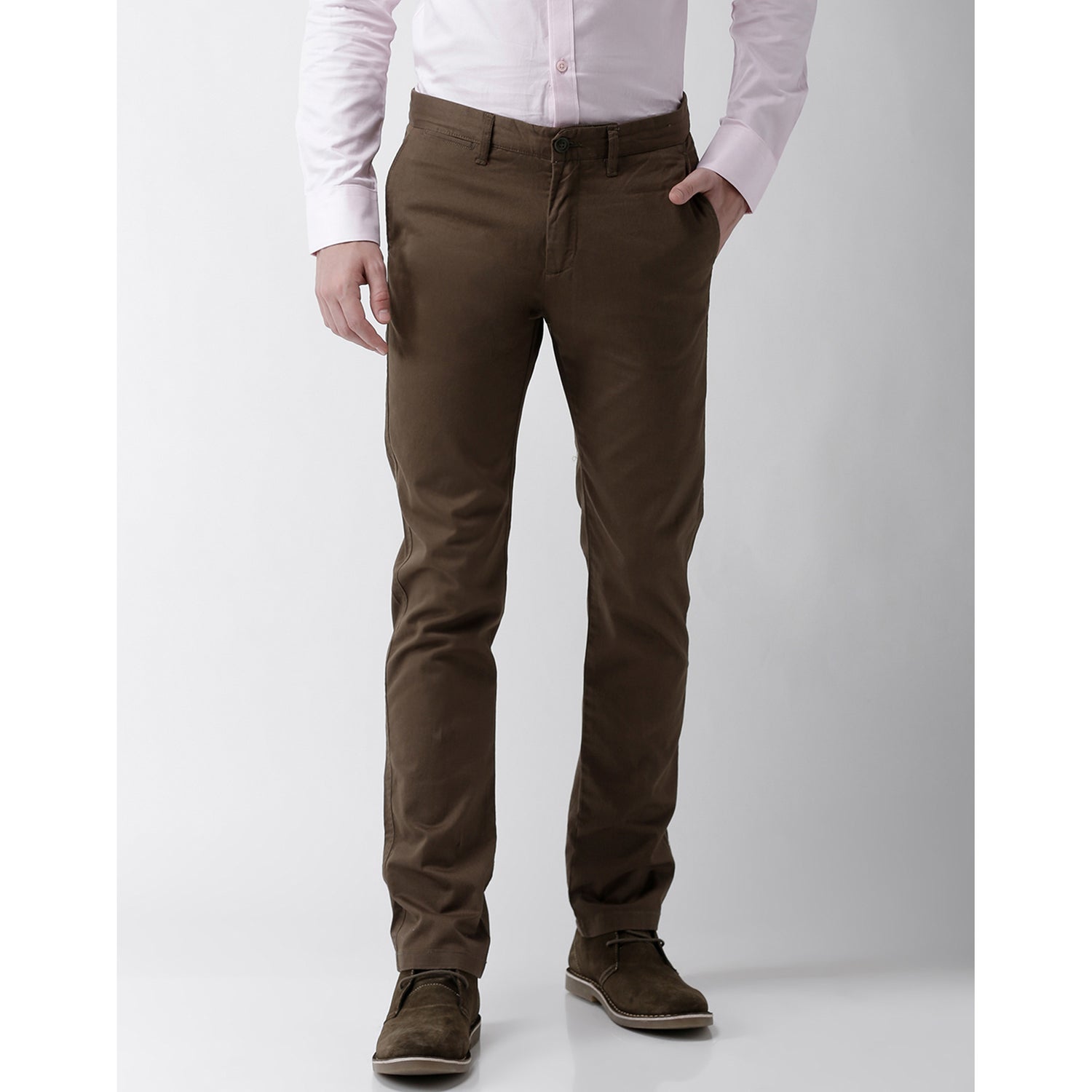 Olive Green Solid Slim Fit Regular Trousers (MOPRIMAI)