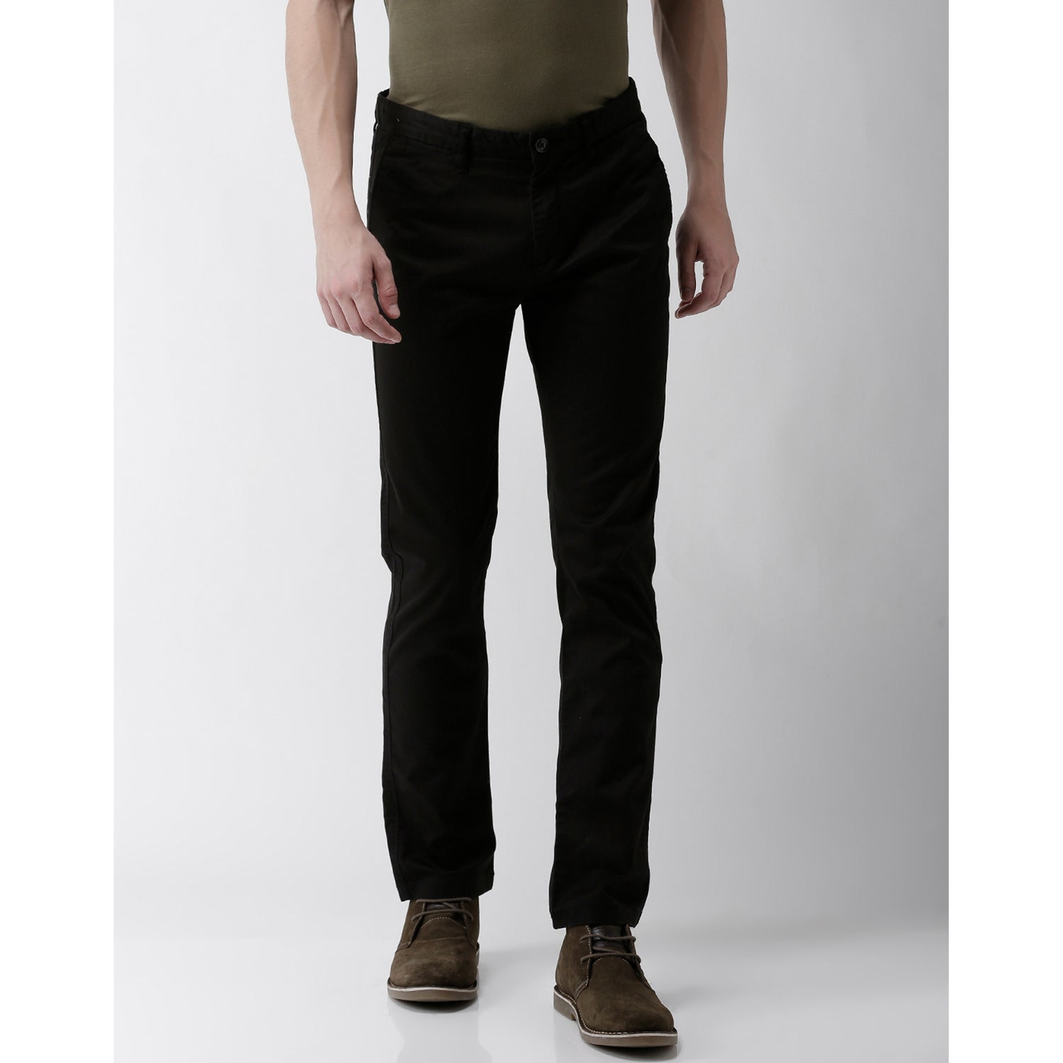 Black Solid Slim Fit Regular Trousers (MOPRIMAI)