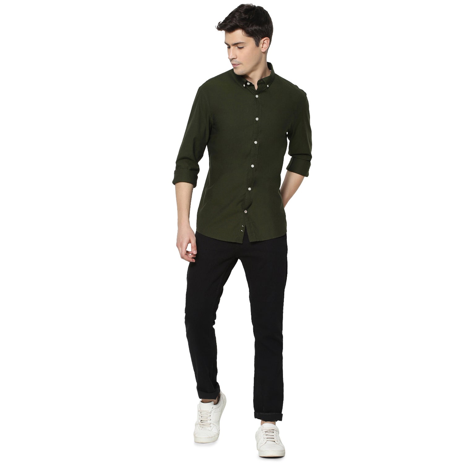 Olive Green Slim Fit Solid Casual Shirt (NAPINPOINT1)