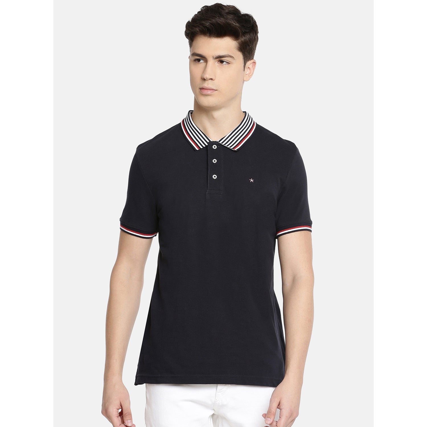 Navy Blue Solid Slim Fit Polo Collar Pure Cotton T-shirt (NESTRIPCOL)