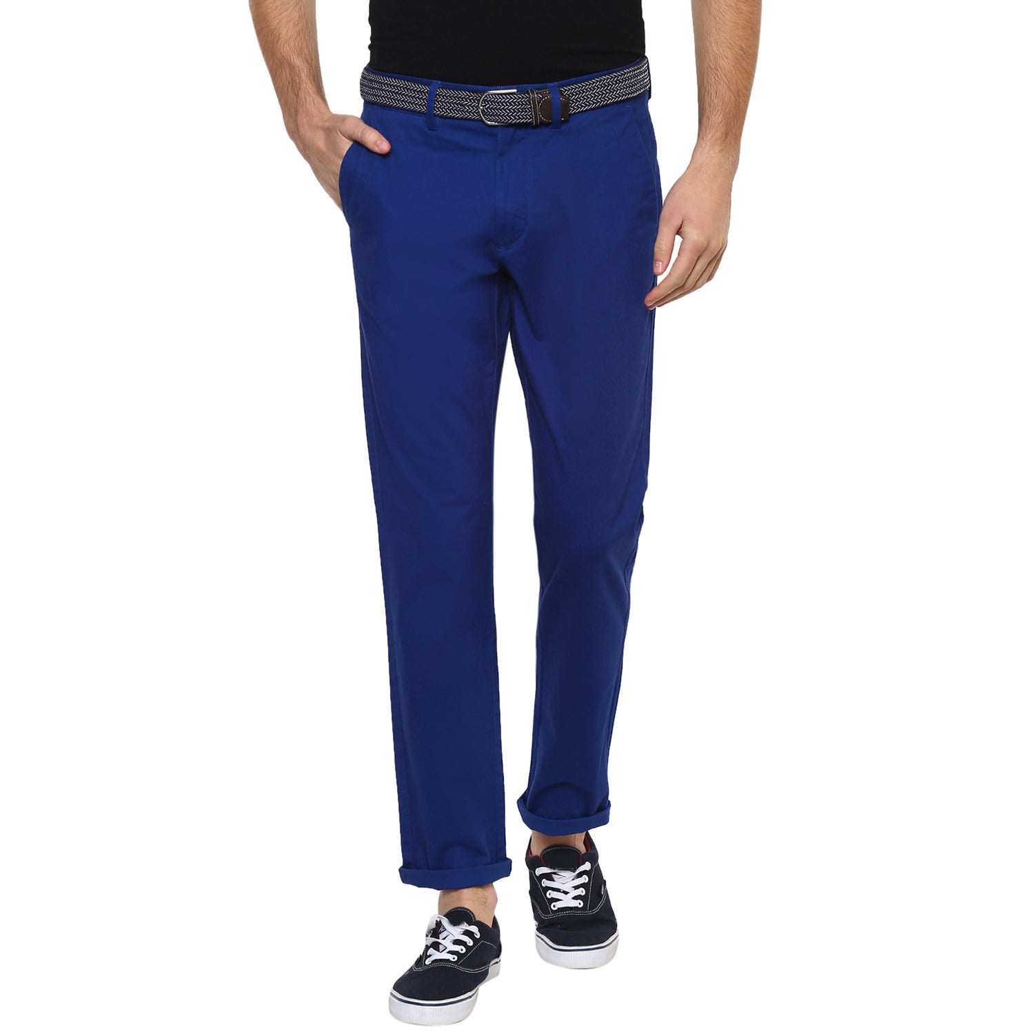 Blue Straight Fit Solid Chinos (NOBELT1)