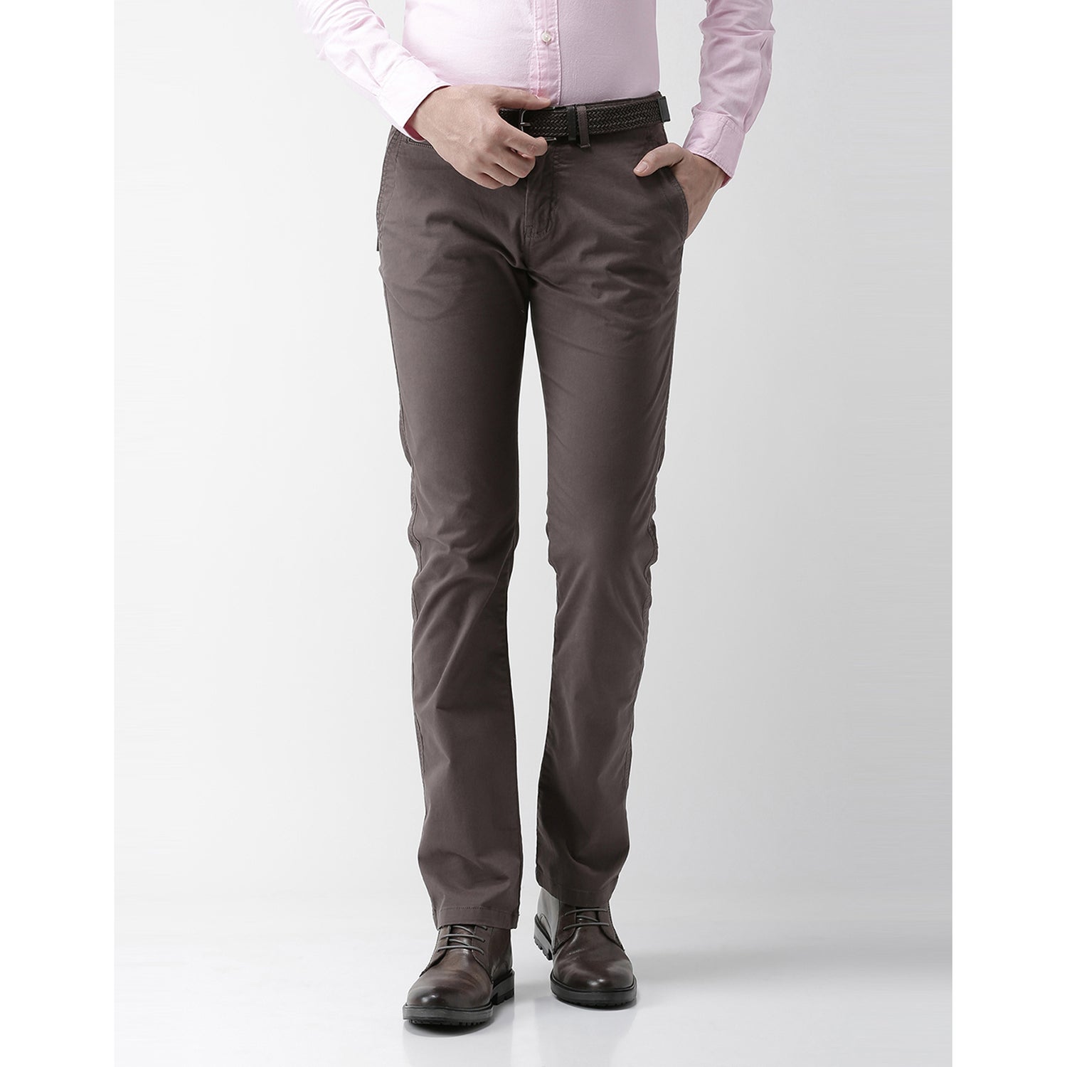 Brown Straight Fit Solid Chinos (NOMONE)