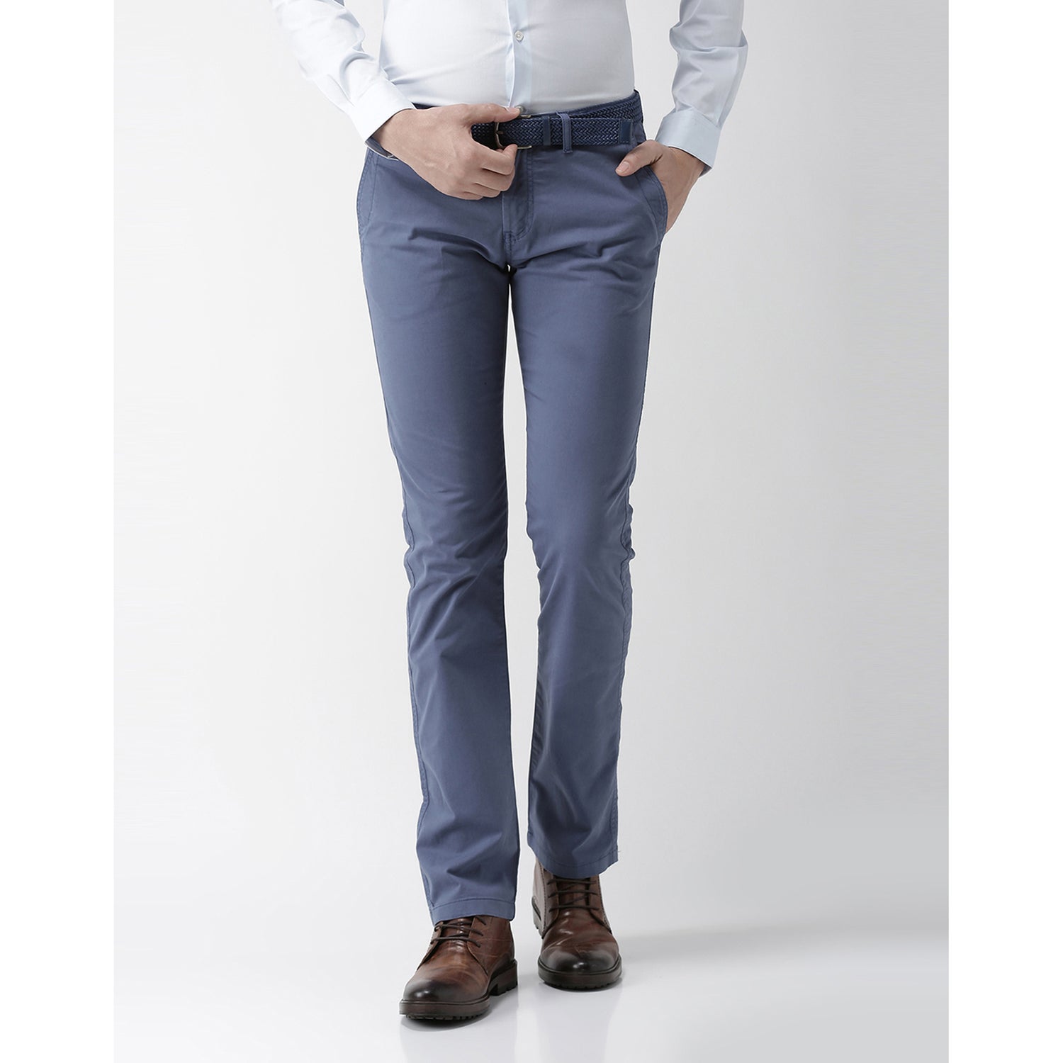 Mid Blue Straight Fit Solid Chinos (NOMONEI)