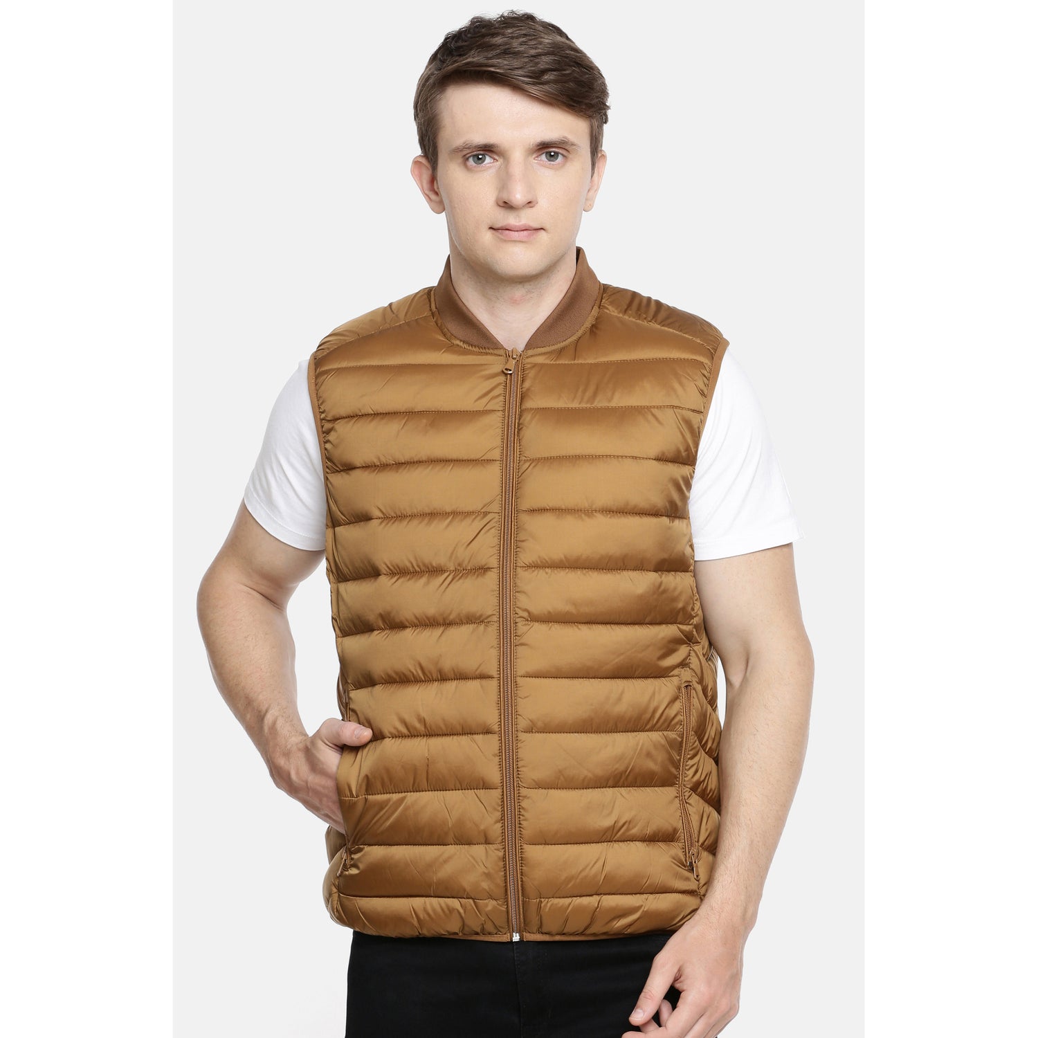 Brown Solid Lightweight Puffer Jacket (NULESS)
