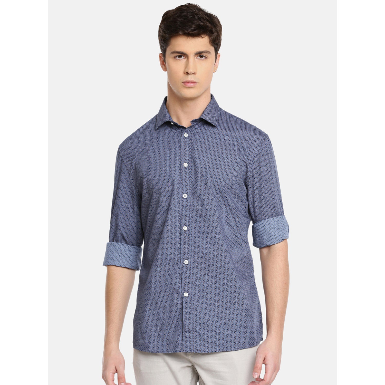 Navy Blue Slim Fit Printed Casual Shirt (PAPARAZZII)