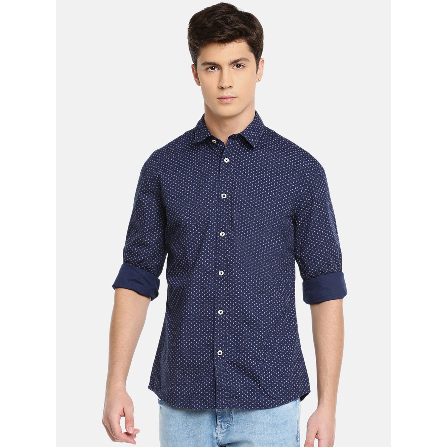 Navy Blue Slim Fit Printed Casual Shirt (PAWACOFFEEI)