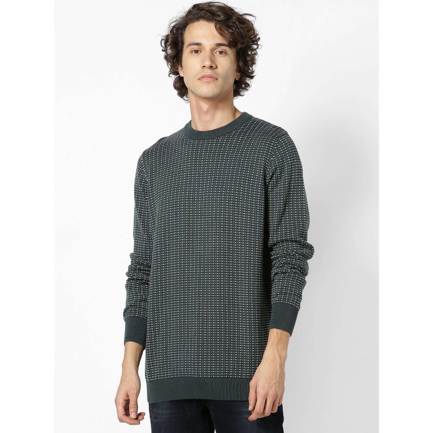 Green and White Self Design Pullover Sweater (PERSO2)