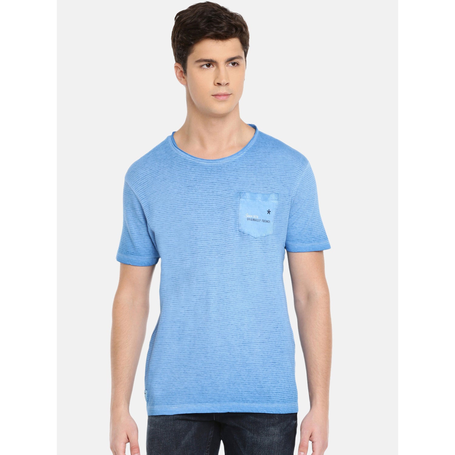 Blue Striped Round Neck Pure Cotton T-shirt (PESTREAK)