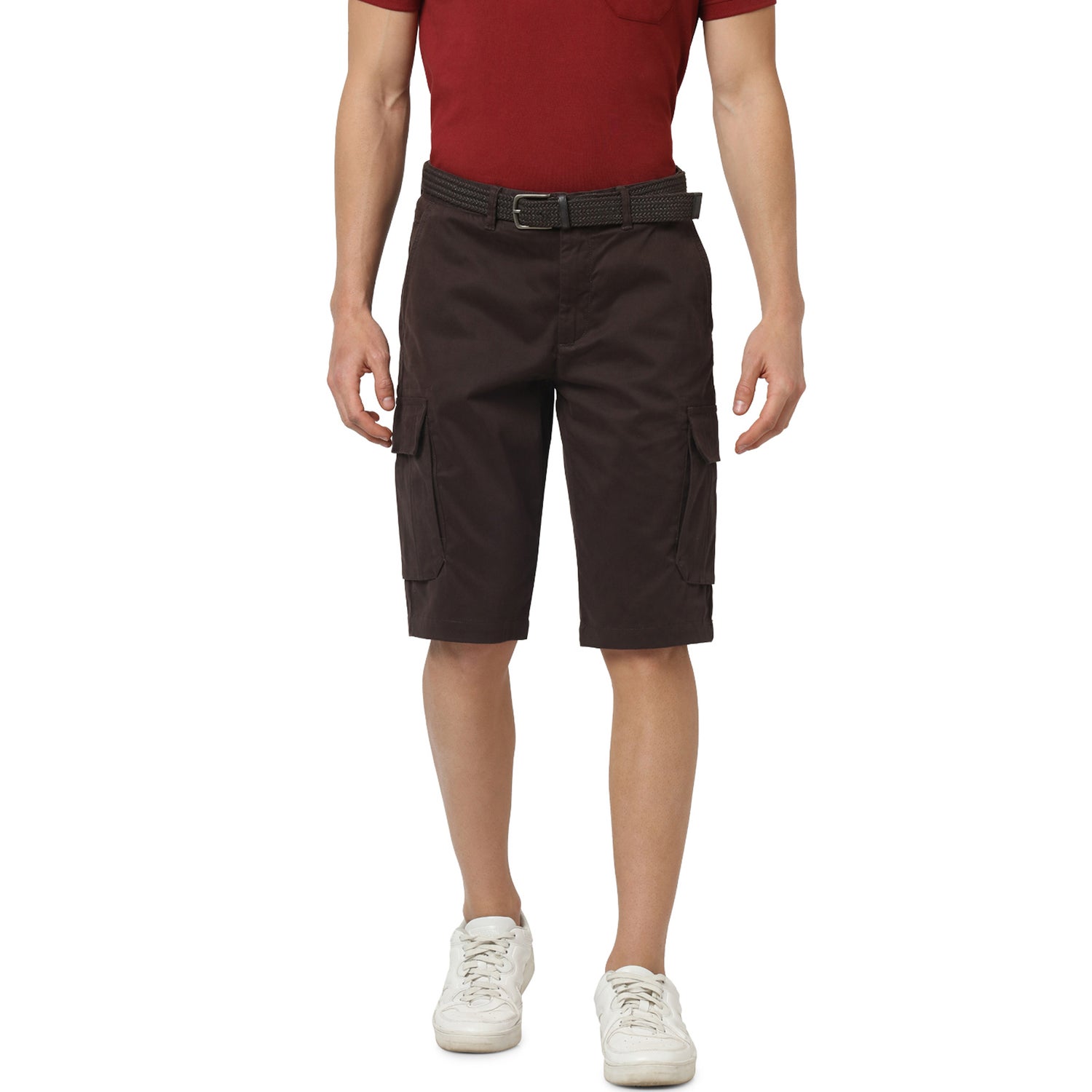 Brown Solid Regular Fit Cargo Shorts (POBELTBM)