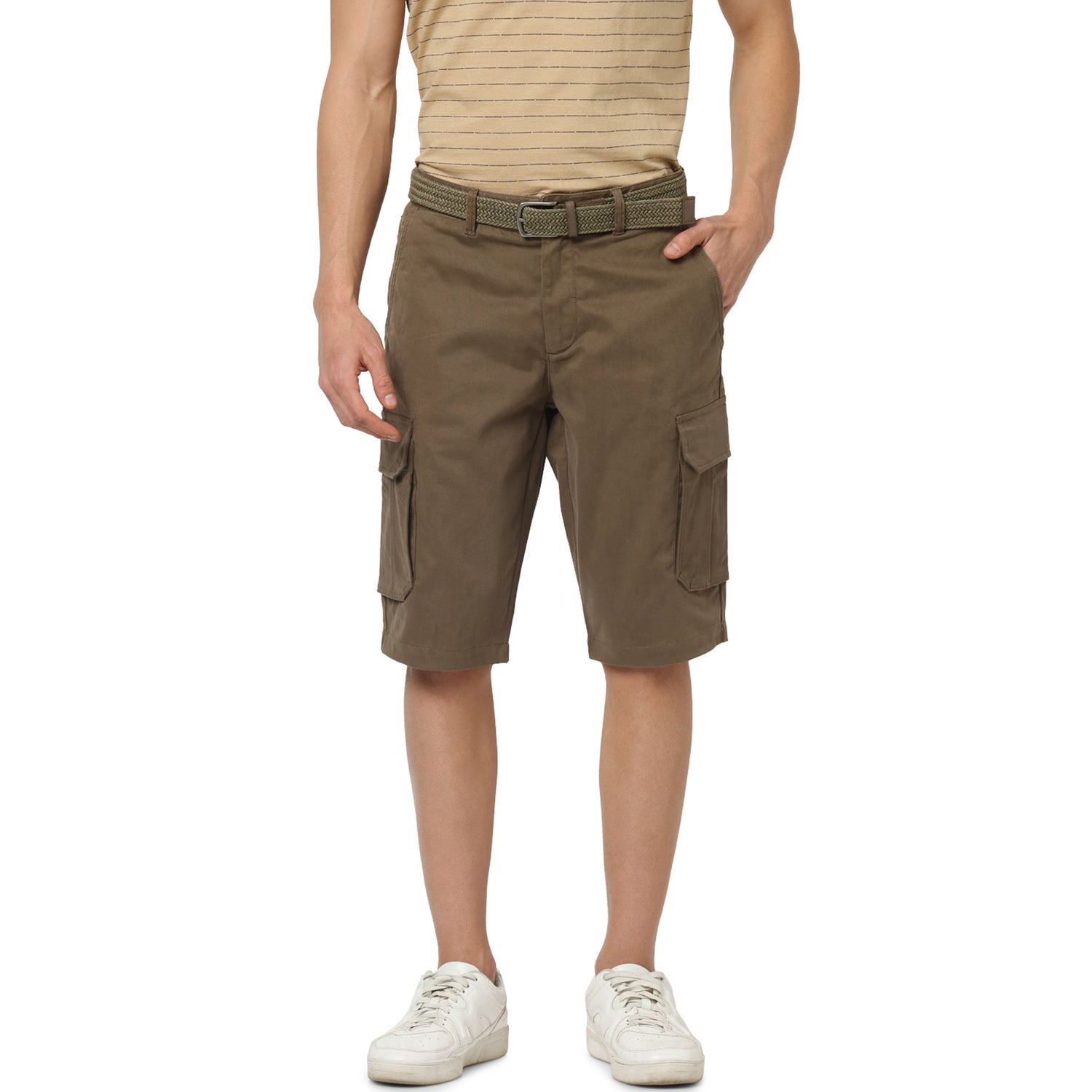 Khaki Solid Regular Fit Cargo Shorts (POBELTBM)