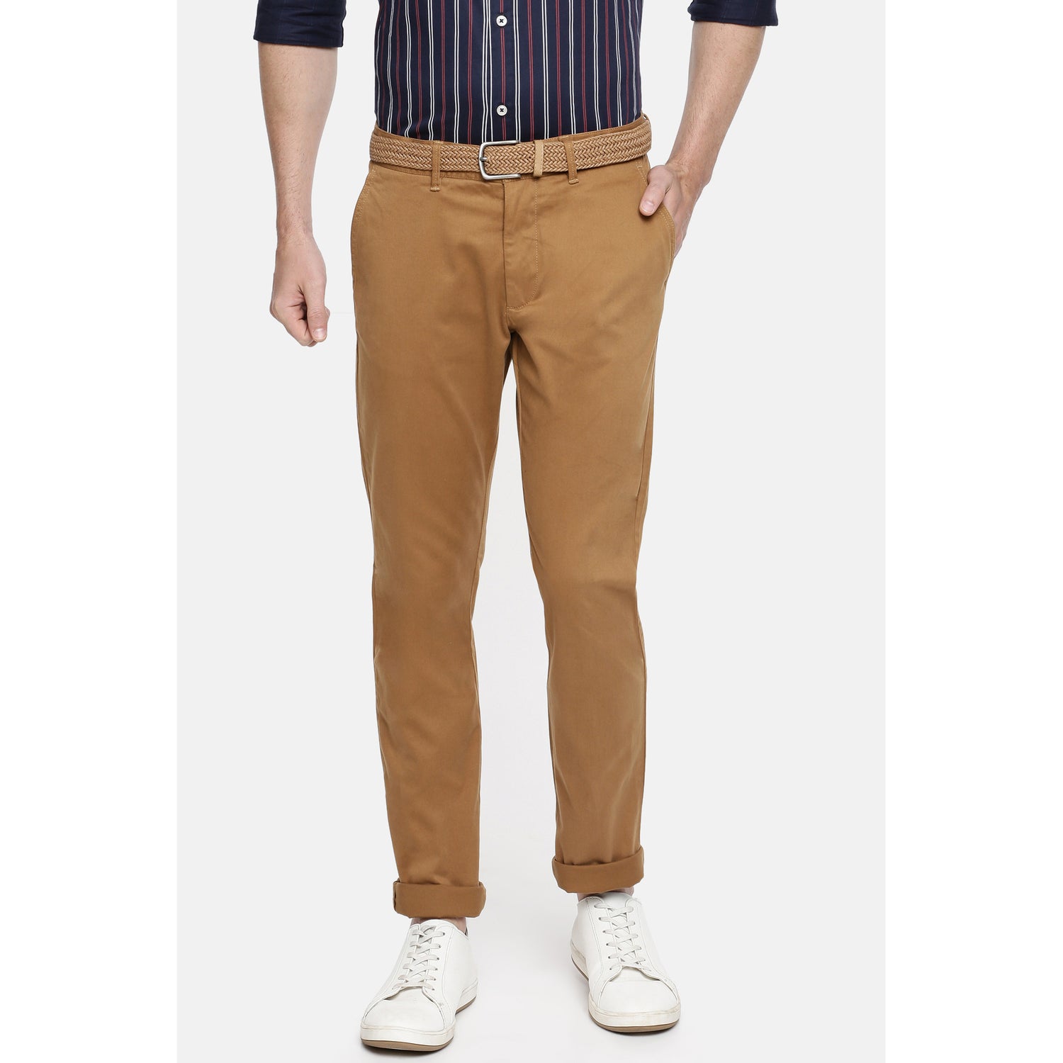 Brown Slim Fit Solid Regular Trousers (POBELTSL)