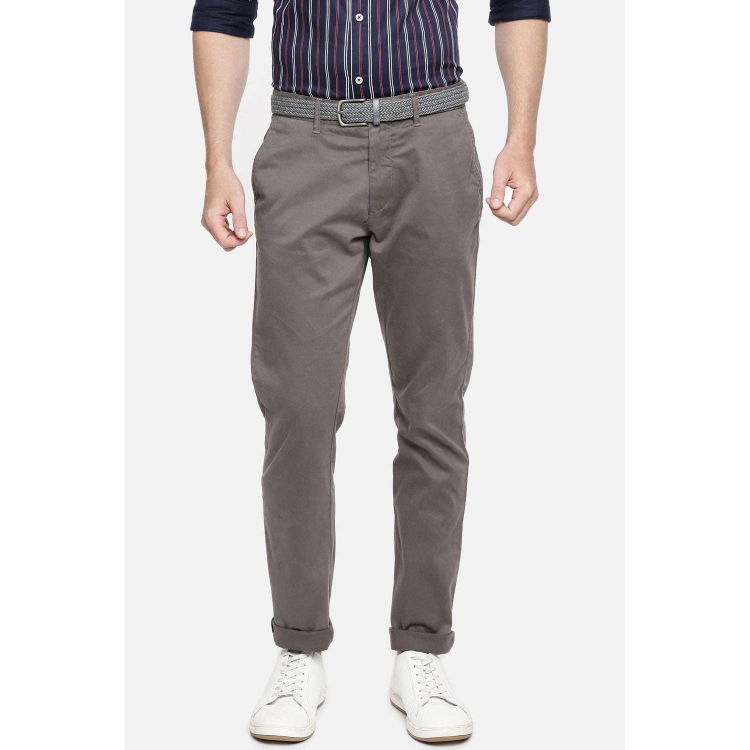 Grey Slim Fit Solid Regular Trousers (POBELTSL)