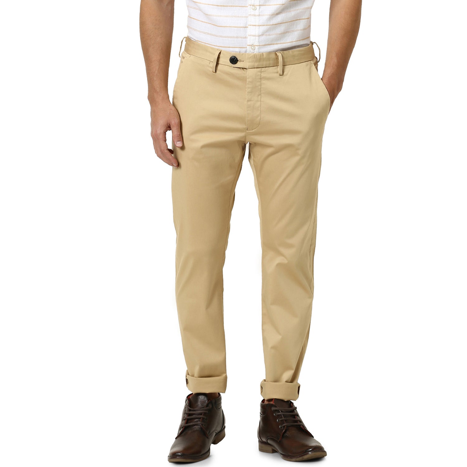 Beige Slim Fit Solid Regular Trousers (POLAKE)