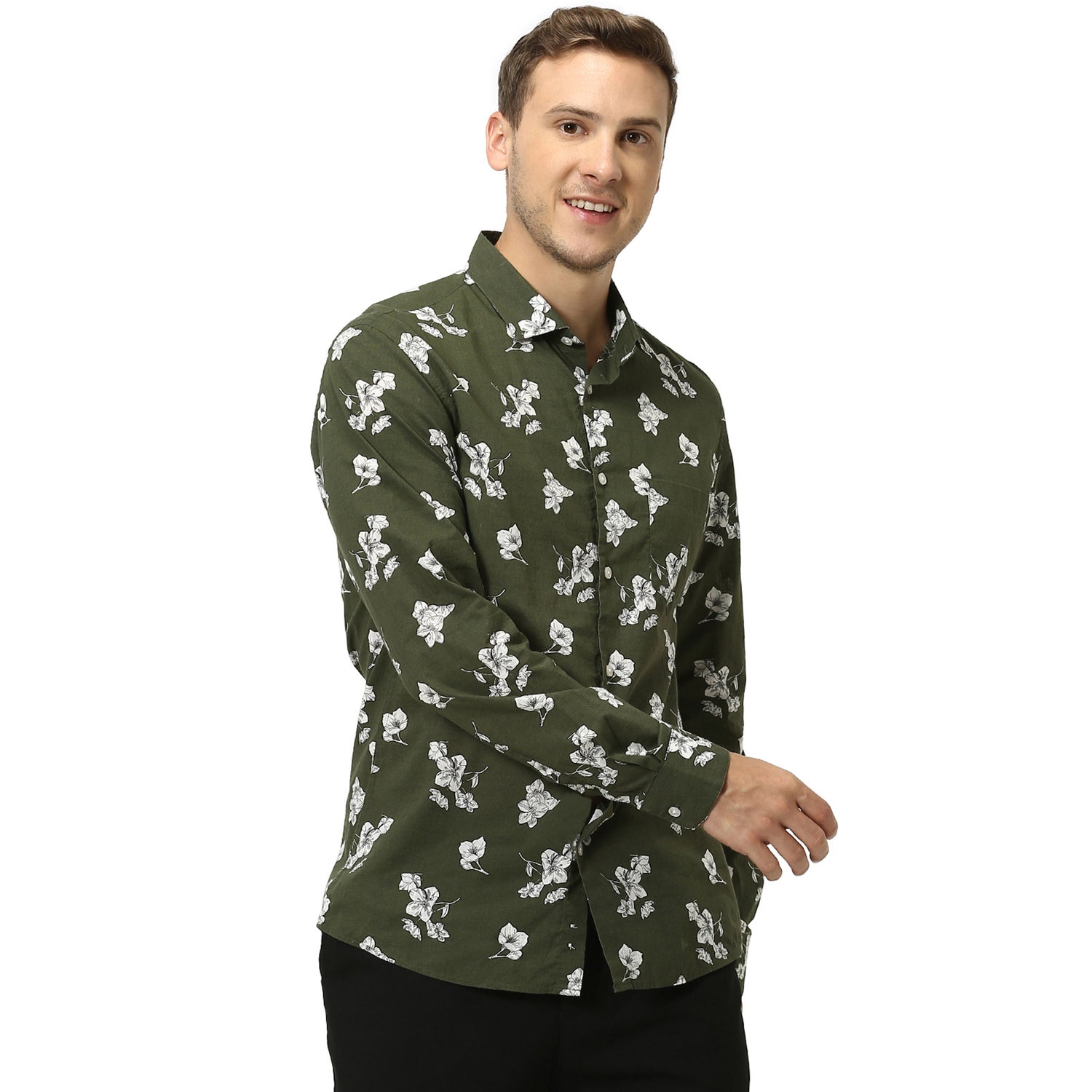 Olive Green and White Slim Fit Floral Printed Casual Shirt (RAMANN2)