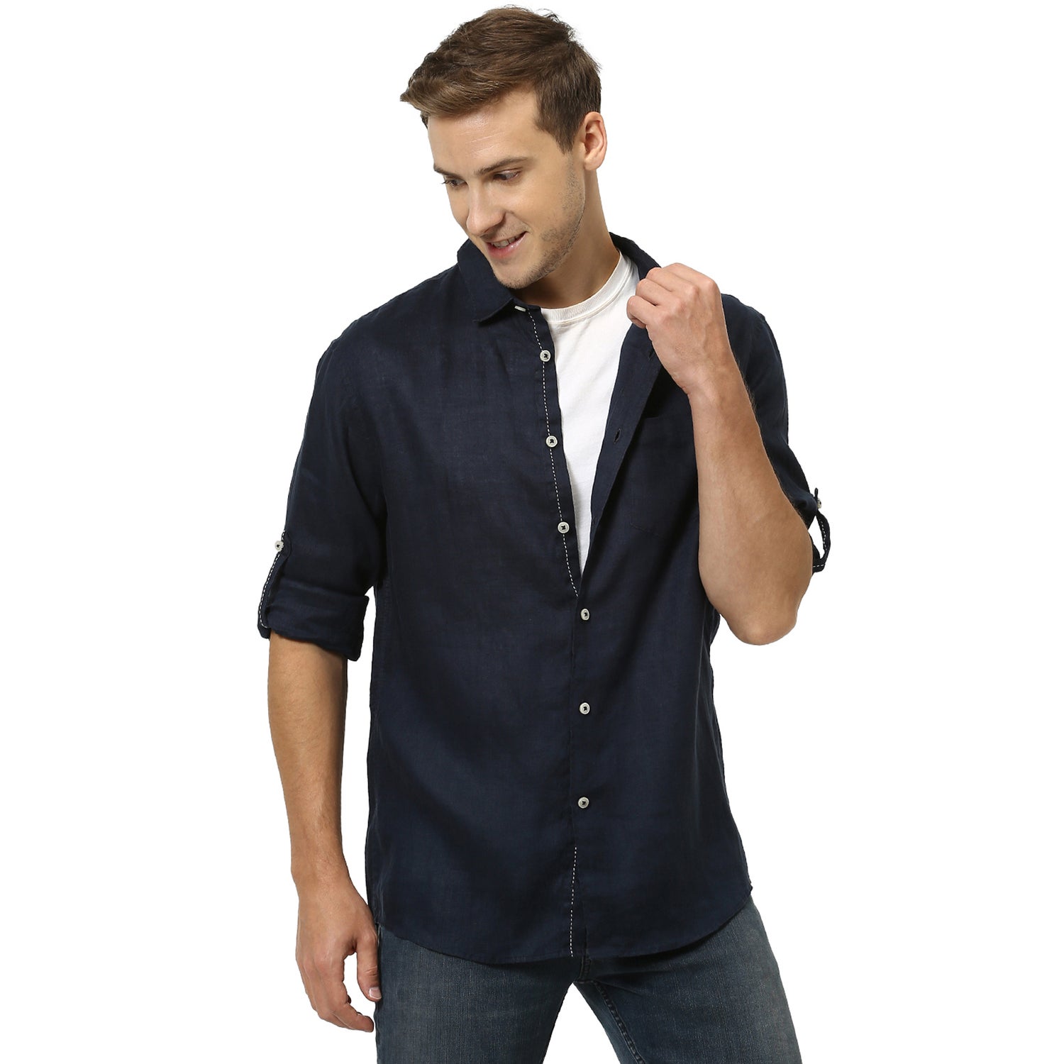 Navy Blue Regular Fit Solid Linen Casual Shirt (RATALIN)