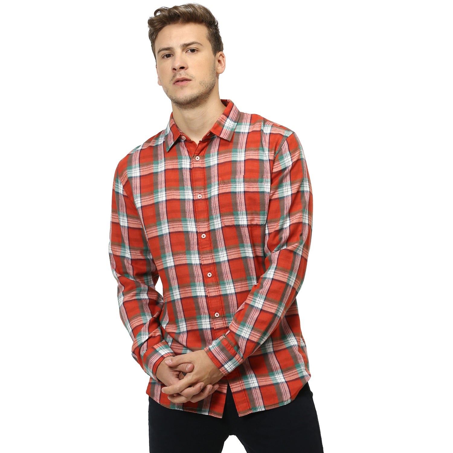 Orange and Green Regular Fit Checked Casual Shirt (RATWIN)