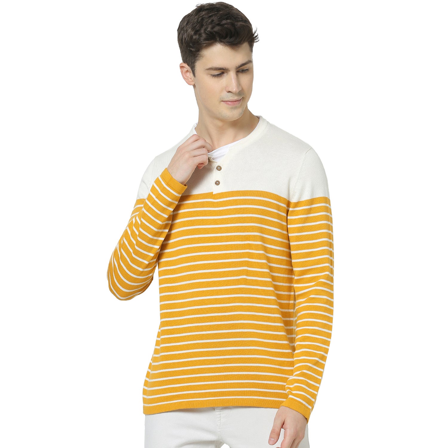 Yellow and White Striped Pullover Sweater (RECHILLRAYIN)
