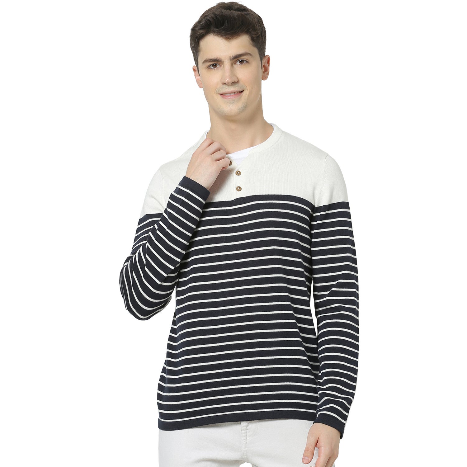 Navy Blue and White Striped Pullover Sweater (RECHILLRAYIN)